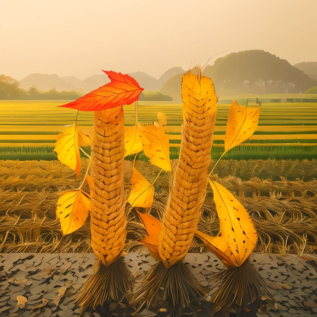 Autumn, fallen leaves, wheat, rice fields, details, abundant