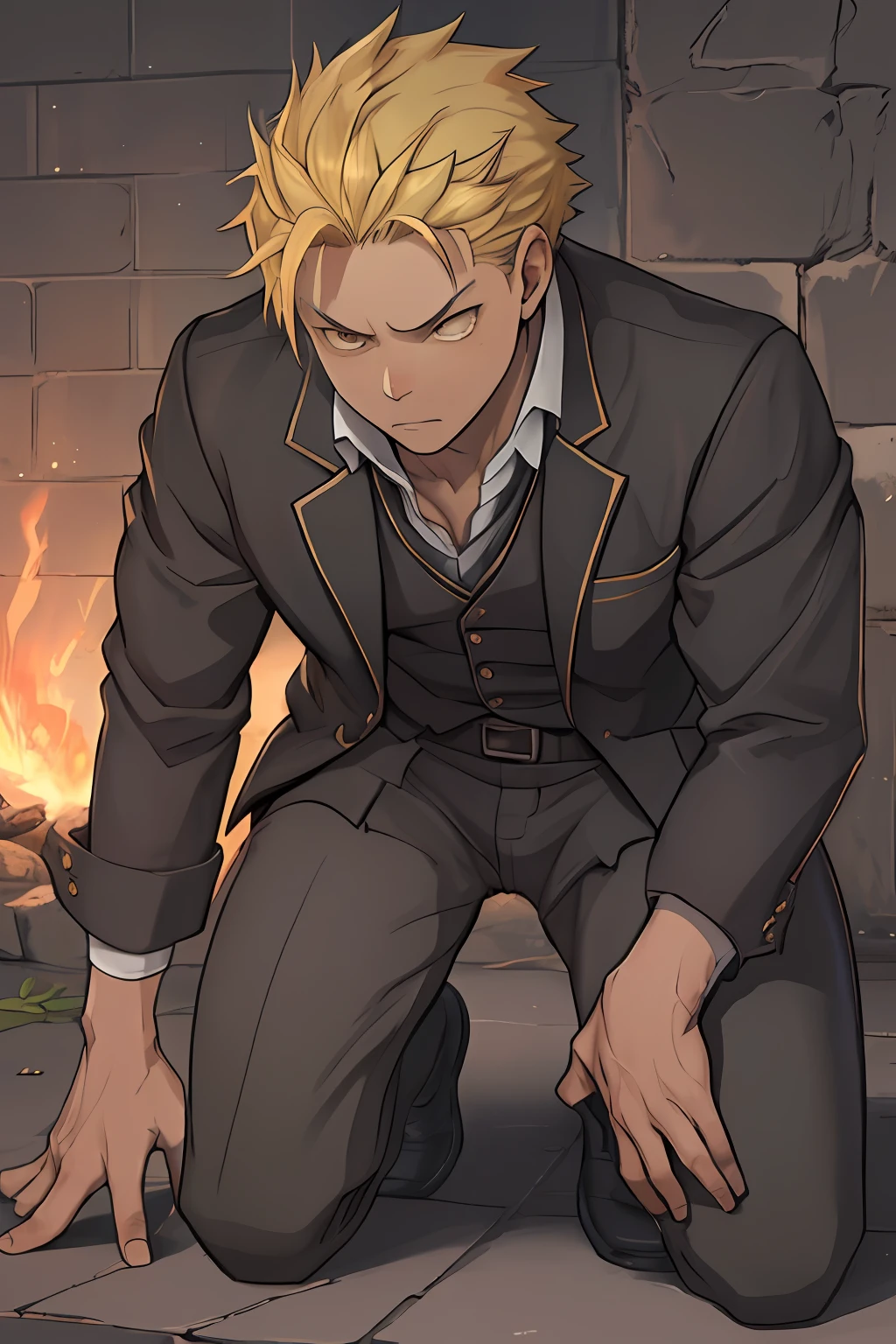 (1 Adult male),A high resolution, Sharp focus, Pixiv masterpiece, ((Complicated details)), highly detailed, natsuki_subaru, 1 man,black-skinned,Defeat, crestfallen,full bodyesbian,kneels on the ground, (Kneel to the enemy),(A gesture of pleading),(Beg),Golden eyes(eyes glowing), Short yellow hair,white shirt,Wear a tie,Wear a belt,perspire,look from down