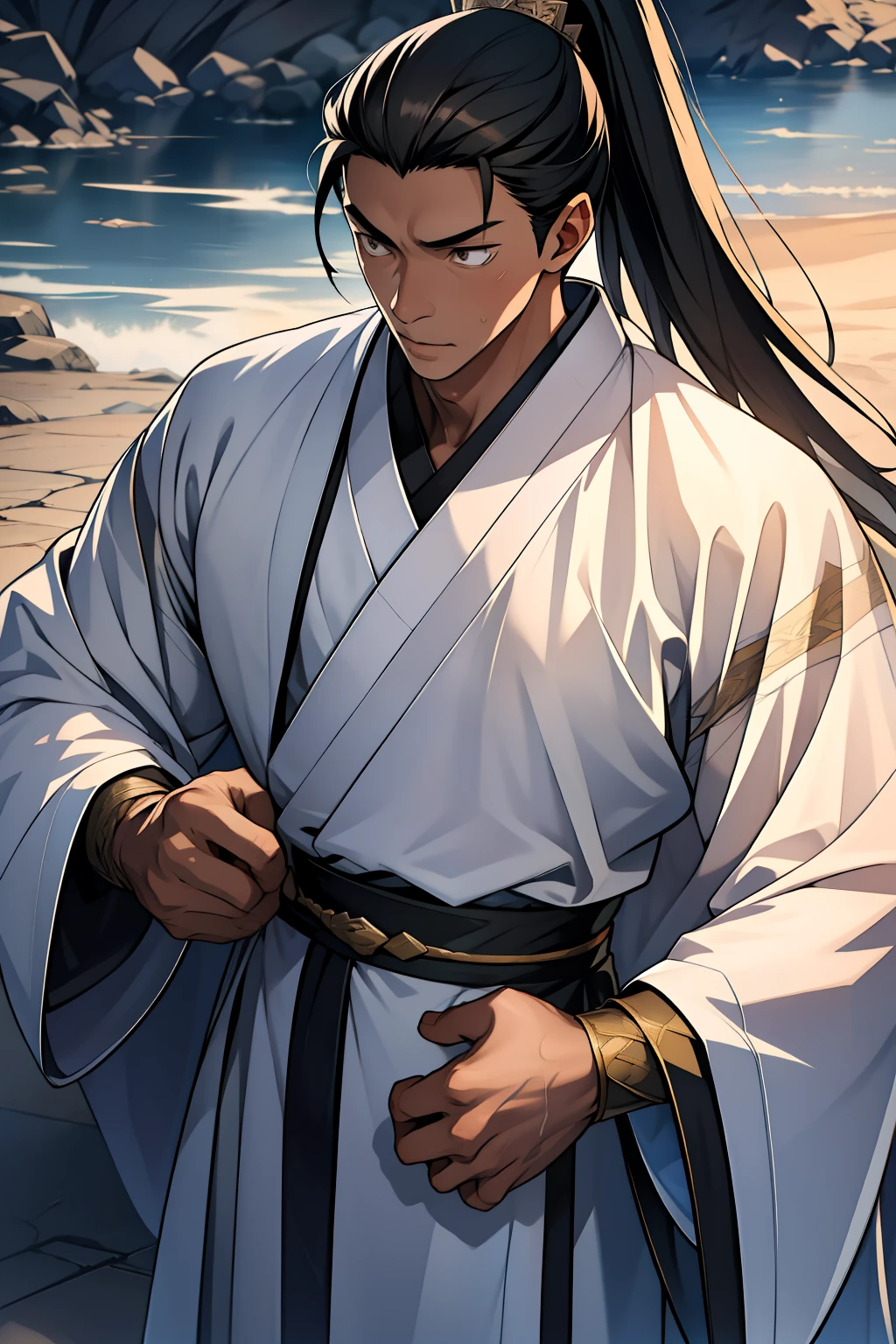 quadratic element，style of anime，High-quality male warrior，Fine facial details，Martial arts theme，High ponytail hairstyle，The neck line is clearly visible，Wearing black Hanfu、Robe and embroidered robes，The details of the clothes are intricate，There are collars and long sleeves，Game-quality graphics，Good at swordsmanship，Light effects under light and shadow tracing，The hair is rich in detail，Pure white long hair and deep black eyes，Extremely handsome，Youthful atmosphere，The clothes are intricate and delicate，The composition is perfect，High-quality work that has been carefully retouched，Reveal more detail and rich backgrounds，It creates a strong sense of atmosphere。