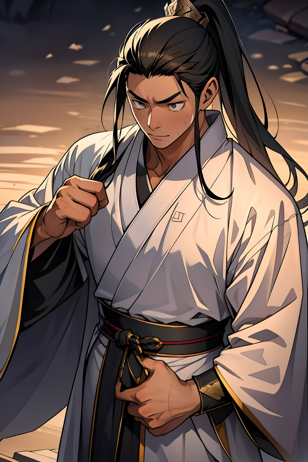 quadratic element,style of anime,High-quality male warrior,Fine facial details,Martial arts theme,High ponytail hairstyle,The neck line is clearly visible,Wearing black Hanfu、Robe and embroidered robes,The details of the clothes are intricate,There are collars and long sleeves,Game-quality graphics,Good at swordsmanship,Light effects under light and shadow tracing,The hair is rich in detail,Pure white long hair and deep black eyes,Extremely handsome,Youthful atmosphere,The clothes are intricate and delicate,The composition is perfect,High-quality work that has been carefully retouched,Reveal more detail and rich backgrounds,It creates a strong sense of atmosphere。