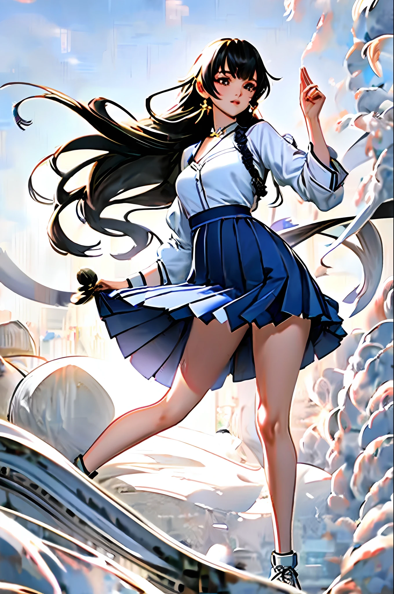frontage,hoang lap,Original,Extremely Delicately Beautiful,beautiful detailed eyes and face,1girll,black_hair,looking_at_viewer,独奏,(tmasterpiece:1.4),(best qualtiy:1.4),White sneakers,big cleavage breasts,black color hair,The eye,Very long hair,Shenzhen school uniform,White and blue pleated skirt,bluntbangs,