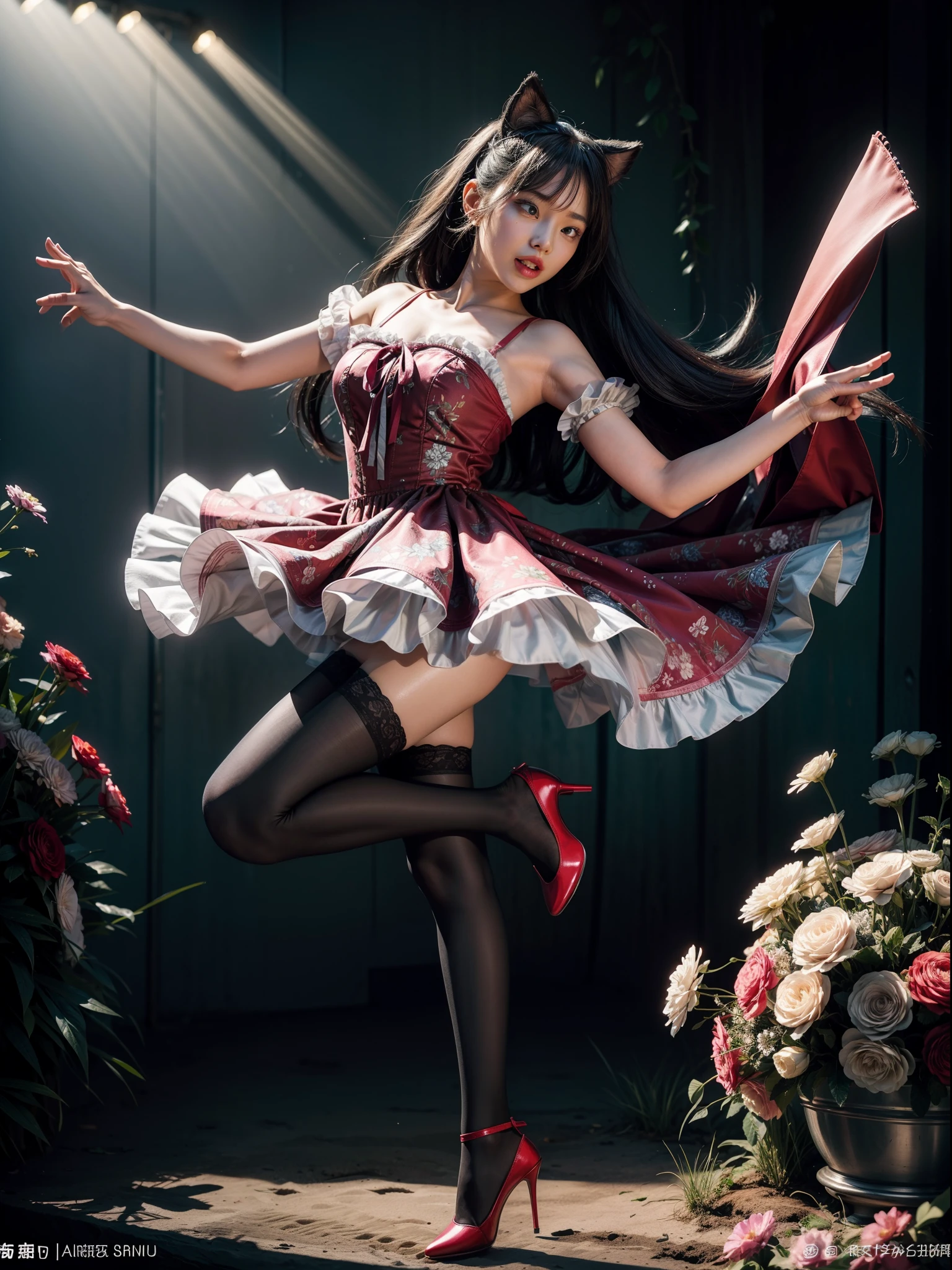 Splitting characters is prohibited,(Full body shot:1.3), Must show your face, anatomy correct, Dance in the sky,The breath of nature,Polished pointed-toe heels must be worn,Stocking tights are mandatory, Colorful floral Lolita dress, A shallow laugh, Complex and diverse backgrounds,Strangling effect,hyper HD, Ray traching, structurally correct, Award-Awarded, high detal, lightand shade contrast, Face lighting,cinmatic lighting, tmasterpiece, super detailing, high high quality, high detal, best qualityer, 16