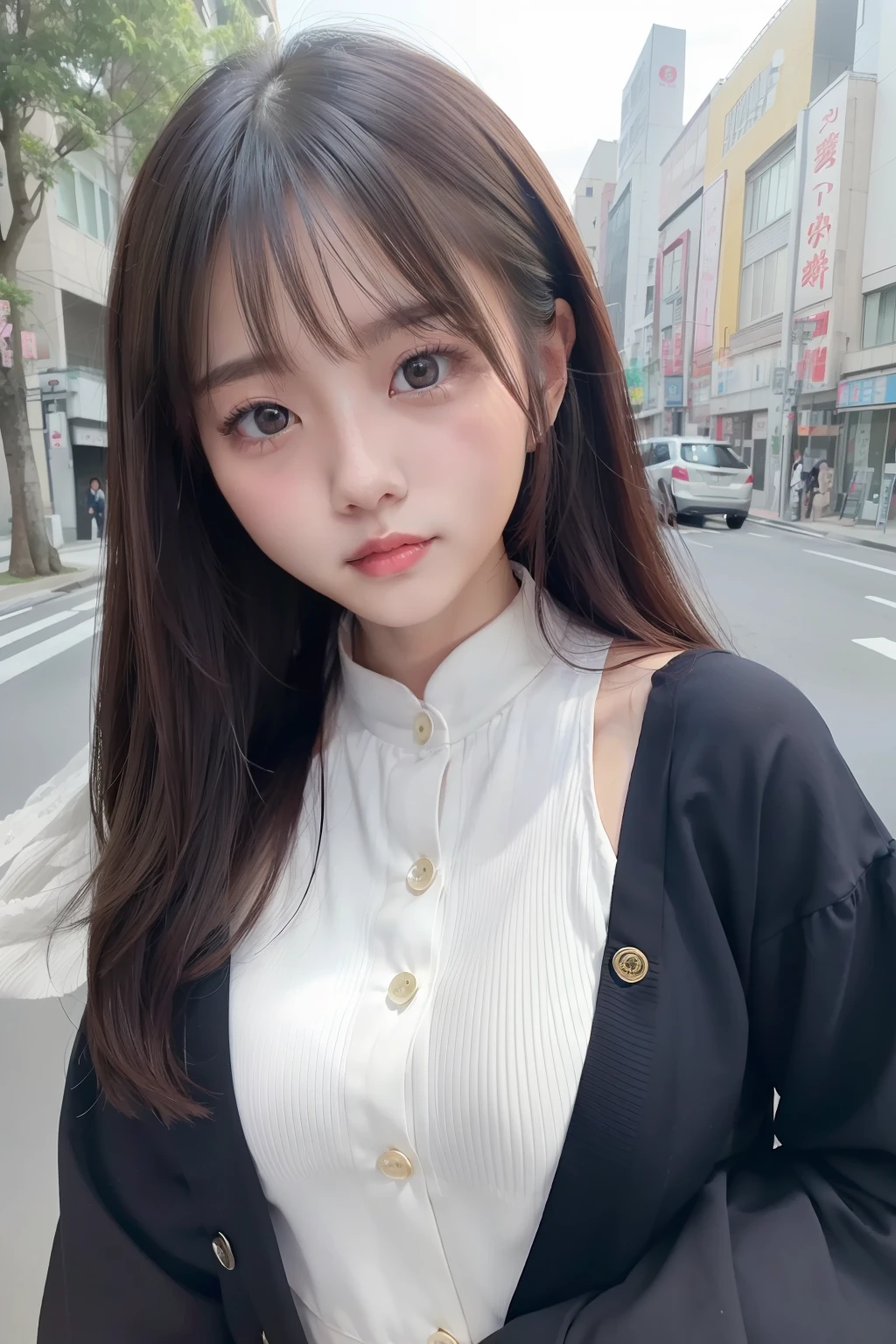 (Raw photography、top-quality)、(realisitic、Photorealsitic:1.3)、top-quality、high-detail、masterpiece、ultra-detailliert、illustratio、1girl in、The upper part of the body_Body、dynamic ungle、world masterpiece theater、Close up portrait of woman in black dress near Tokyo Street, gorgeous japanese model, girl cute-fine-face, 奈良美智, cute young woman, Beautiful Asian Girl, xintong chen, 🤤 girl portrait, Korean Girl, young cute wan asian face, sakimichan