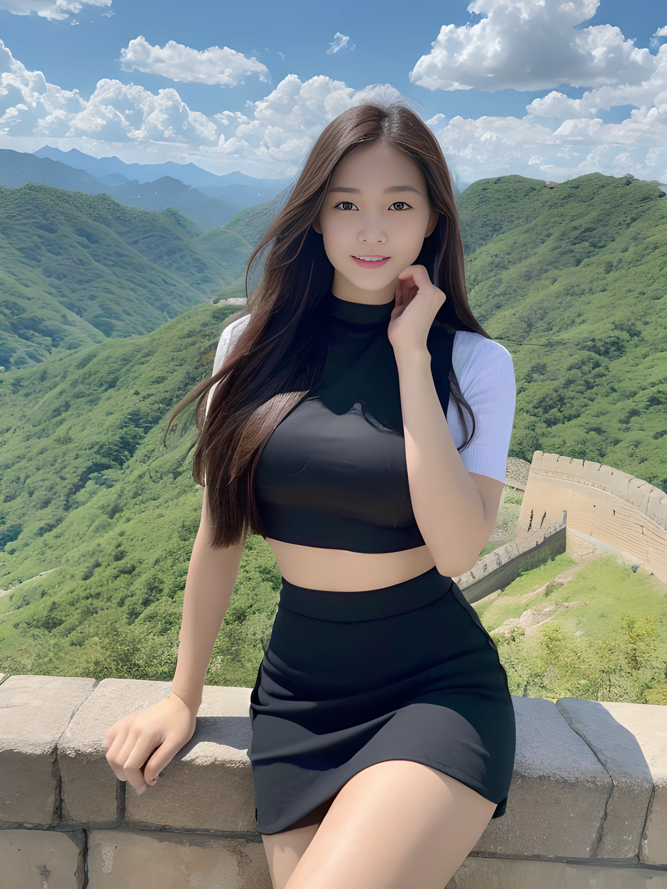 ((best qualtiy, 8K, tmasterpiece:1.3)),Focus:1.2, female high-school student,(A look of determination)(adolable),delicated face,Long hair waist-length,long hair flowing,Tilt your head,ssmile,Hair details,Delicate Full Body Portrayal,Delicate depiction of the face,Best picture quality,A high resolution,细致背景,Delicate portrayal,exquisitedetails,Rich in detail,Facial strengthening,(Crop tops,short skirt),with blue sky and white clouds,Sit Pose,The Great Wall background,There are no bags under the eyes