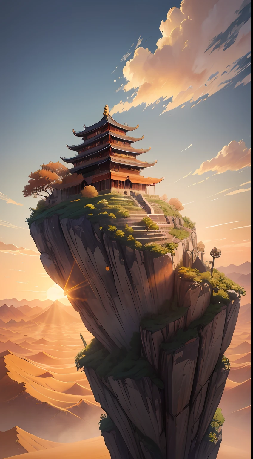 ((son goku))Stand on your back,中景 the scene is,Endless((A desert)),(Ancient Chinese city walls(中景 the scene is)), blue-sky,Rolling white clouds,In the air, a thick and long iron pillar shining with golden light soared straight into the sky,The sunset shines down close to the horizon,Melancholic landscape tones,Autumn tones,(tmasterpiece),(Best picture quality),(Very detailed and uniform picture),(8k wallpaper),(Chinese folk style painting),(Watercolor style painting),(Noticeable light and shadow effects),style of surrealism,(Highly expressive painting style),Creative inspiration:Writings on classical Chinese mythology《Journey》,Ray rendition