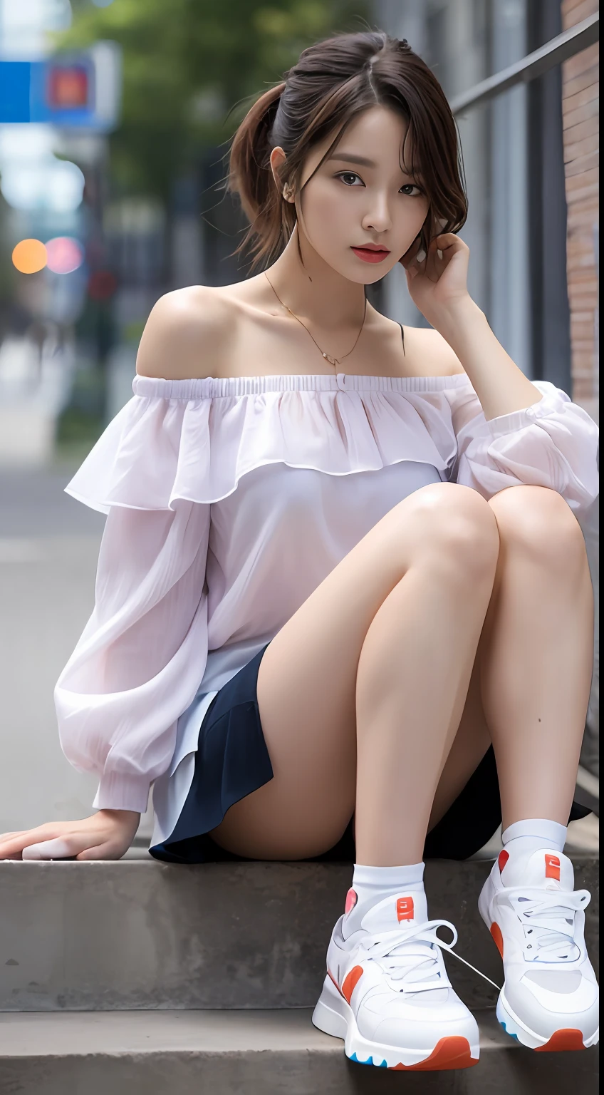 ((Best picture quality, 8K, tmasterpiece:1.3)), 1girll, Casual hairstyle, （off-shoulder blouse，Short pleated skirt：1.3）,（wet see through clothes：1.4），Ultra-fine face, A detailed eye, 二重まぶた，（long leges：1.4），（athletic sneakers：1.3）Erlang legs，Sit on a high platform