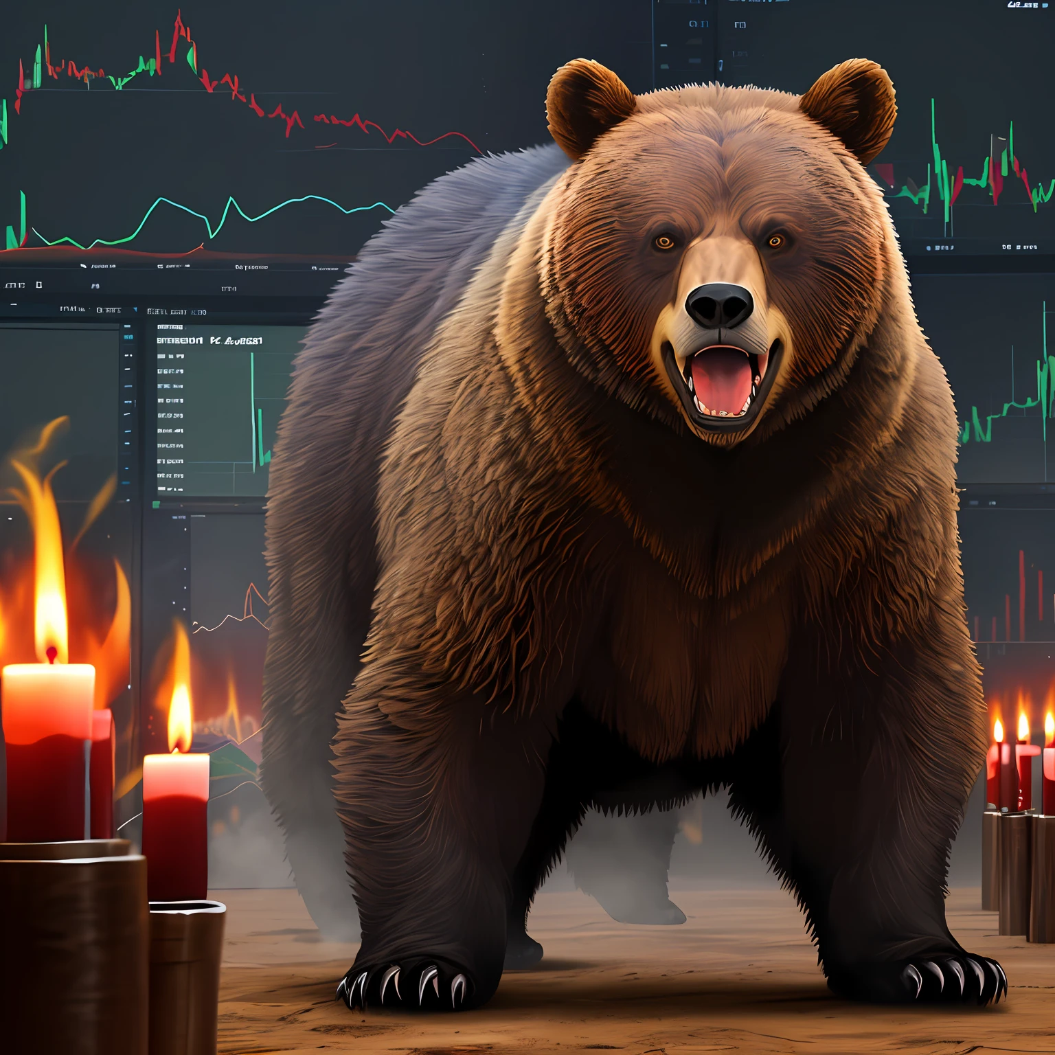 The image of an angry bear. Standing and attacking. The image should be very close to reality. The background behind the bear should be a candlestick chart that is going down in price.