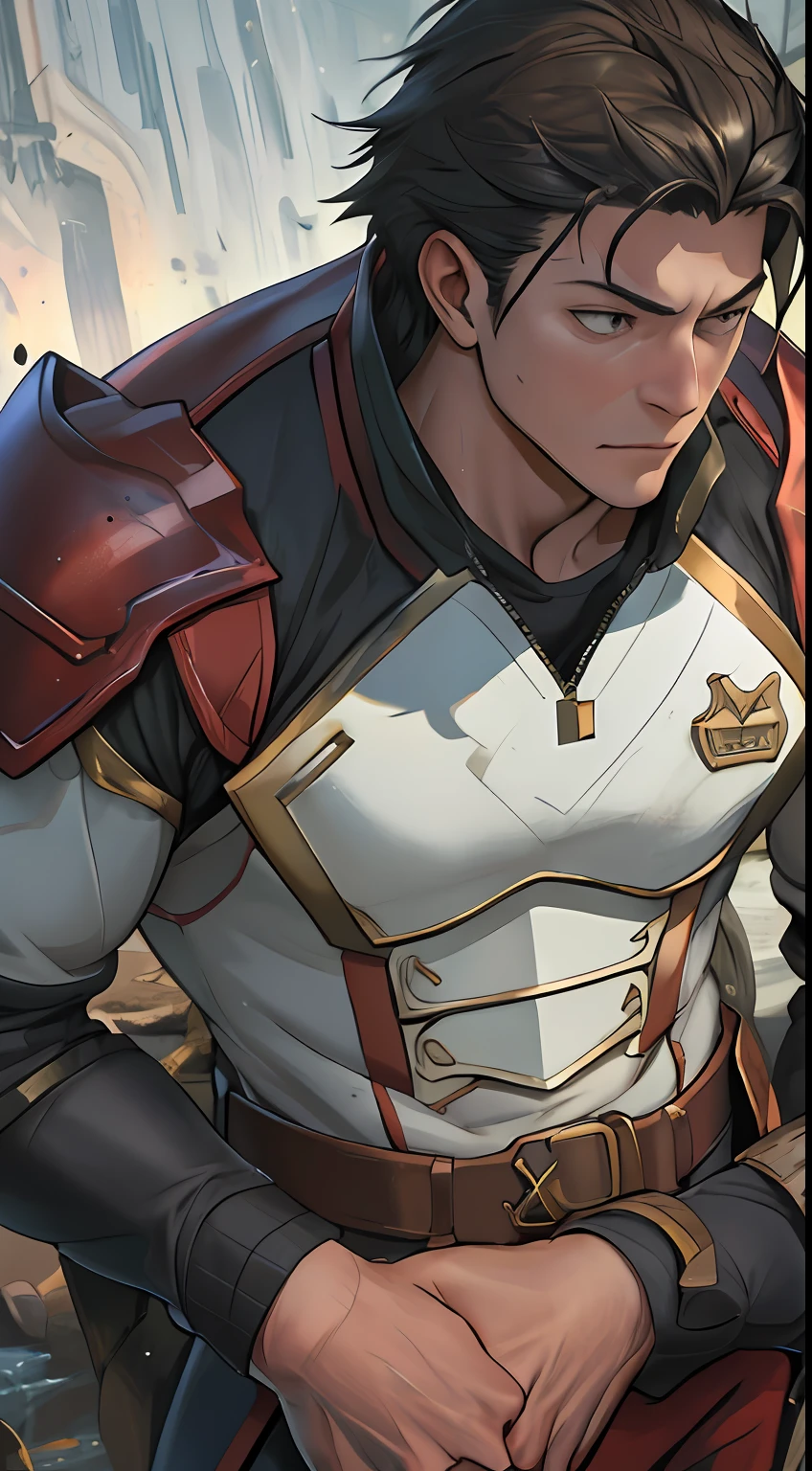 tmasterpiece，best qualityer，illustratio，Realisticstyle，photo realistic style，detail in face，offcial art，Movie lighting，1male people，Combat uniforms and armor，sitted，Close-up of the crotch，Crotch view，Drenched，Get wet， Solo ，Handsome，virile，Handsome face，[[[［musculature］，Short hair，Golden eyes，look from down