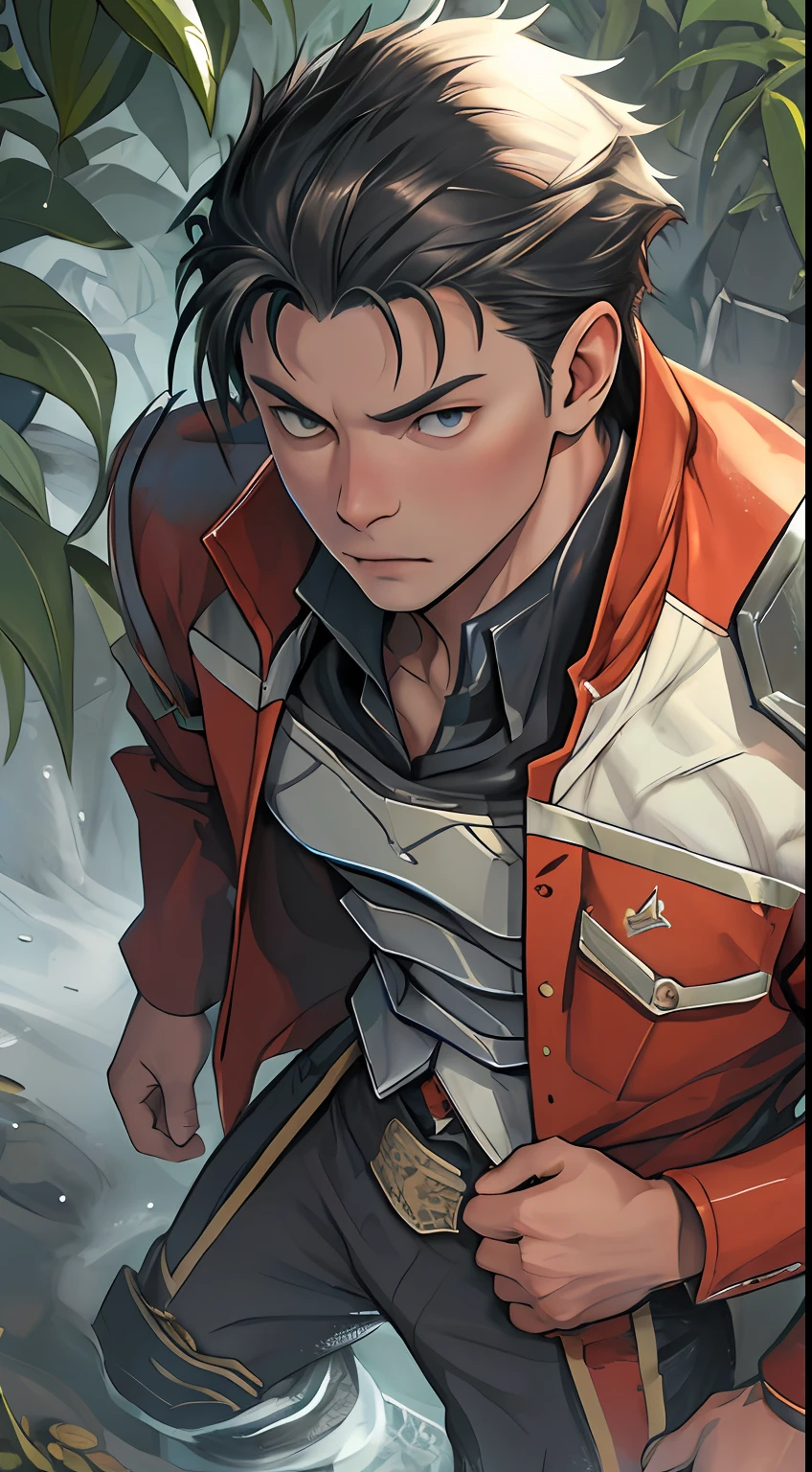 tmasterpiece，best qualityer，illustratio，Realisticstyle，photo realistic style，detail in face，offcial art，Movie lighting，1male people，Combat uniforms and armor，sitted，Close-up of the crotch，Crotch view，Drenched，Get wet， Solo ，Handsome，virile，Handsome face，[[[［musculature］，Short hair，Golden eyes，look from down