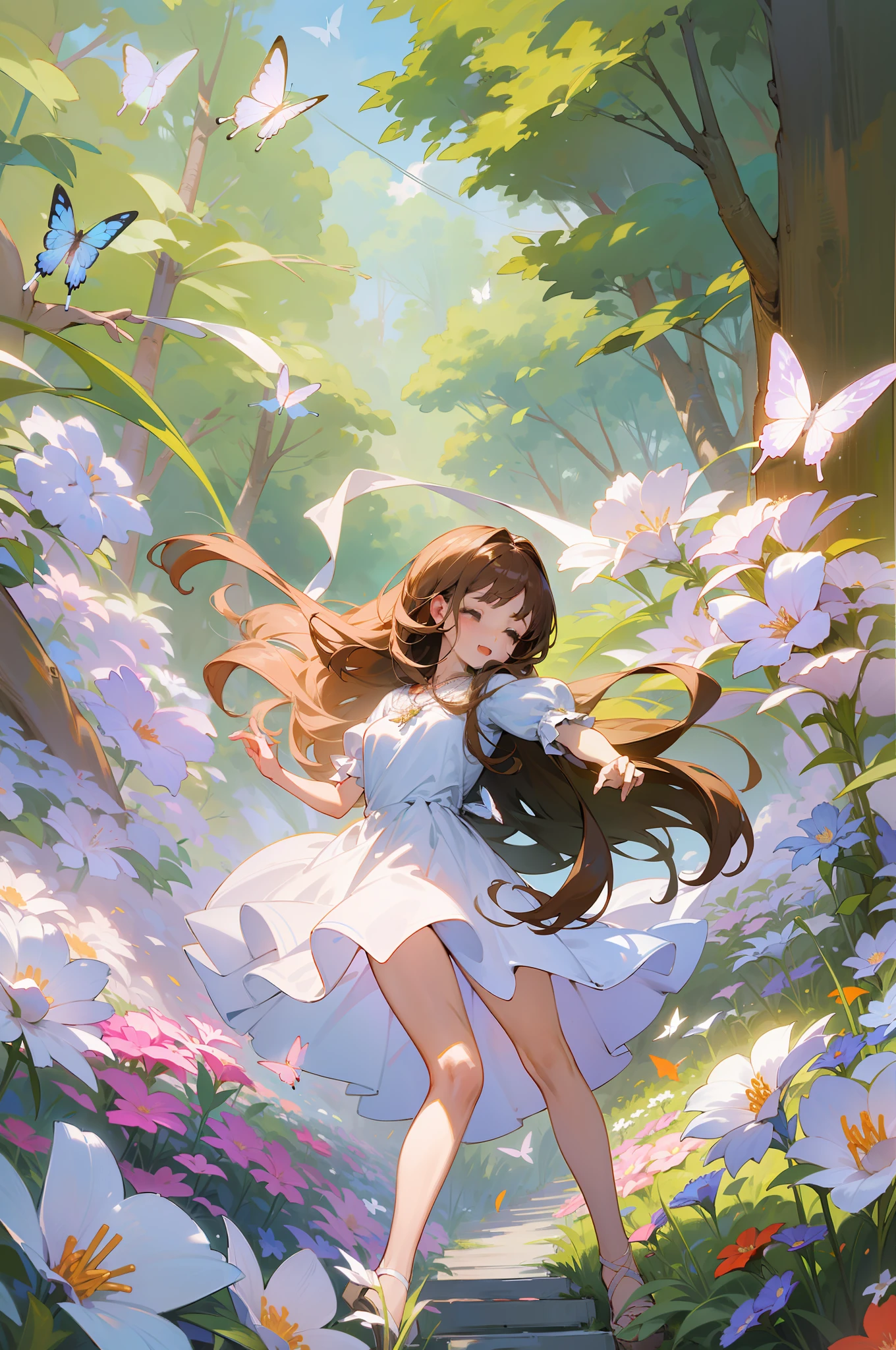(decorativedesign: 1.5),Masterpiece,High quality,((Photoreal))), Film directed by, (High contrast), Depth of field, (Award-winning difference photos), Face details, Detailed drawing, there is a place in the forest where flowers bloom, Girl dancing in a snow-white summer dress in that flower garden, the girl is 9 years old, Very long hair,brunette color hair, Summer sky, Summer clouds, ( dazzling summer sunshine: 1.2), Flower garden, girl with open arms, necklace, corolla, Butterflies, Fluttering petals, Dynamic movements, dances,