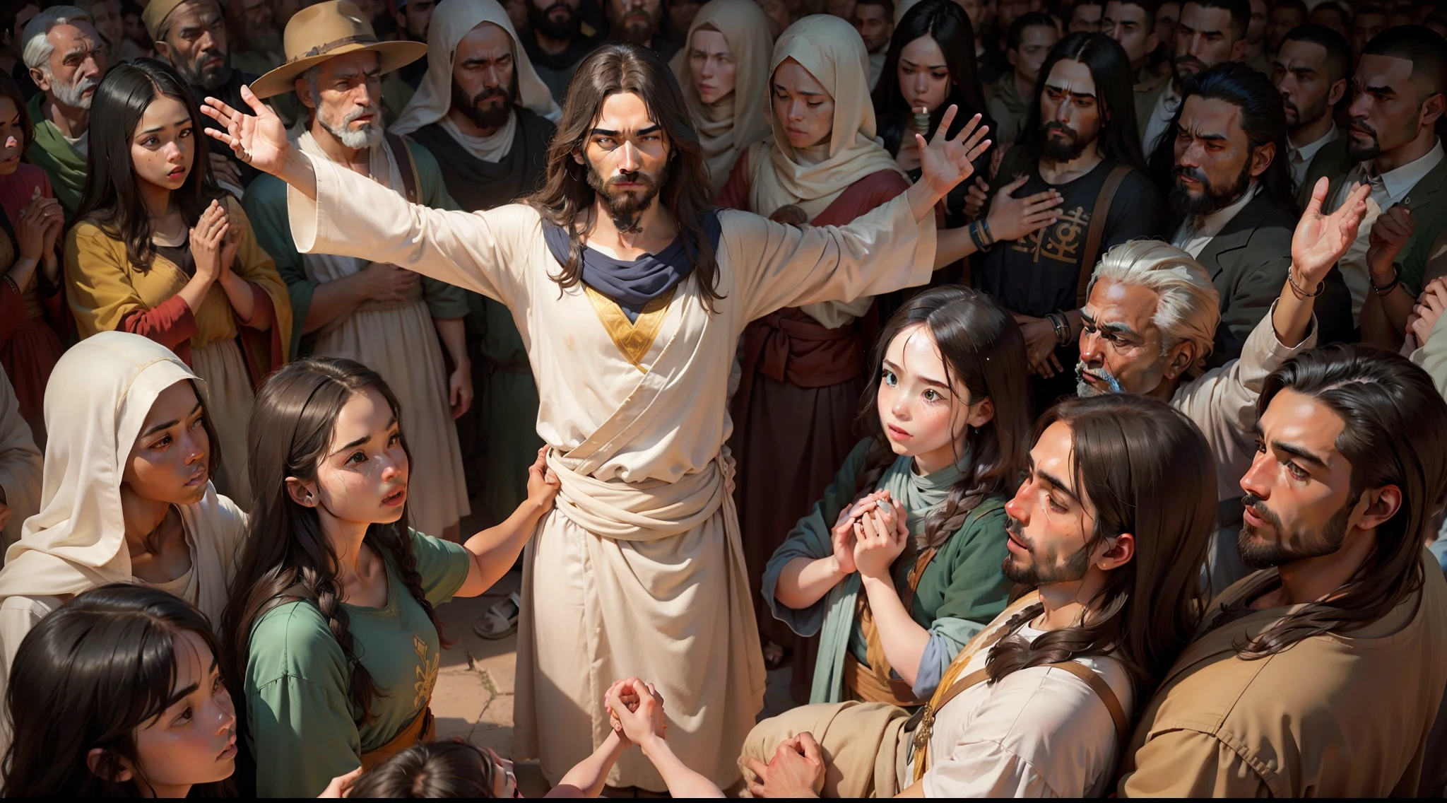 "A powerful depiction of Jesus surrounded by a diverse crowd, radiating compassion and unity to emphasize the profound message of the story."