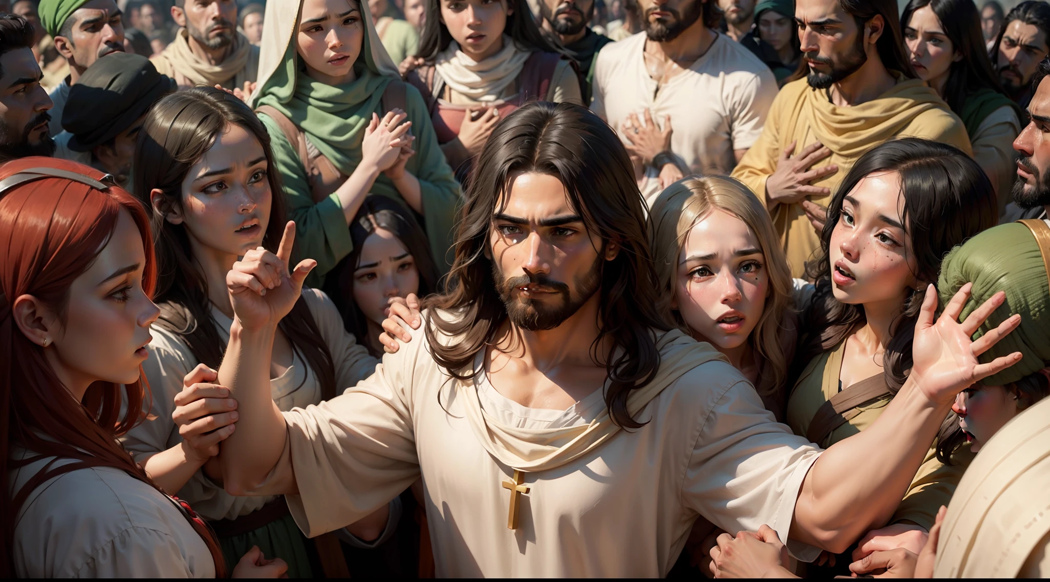 "A powerful depiction of Jesus surrounded by a diverse crowd, radiating compassion and unity to emphasize the profound message of the story."