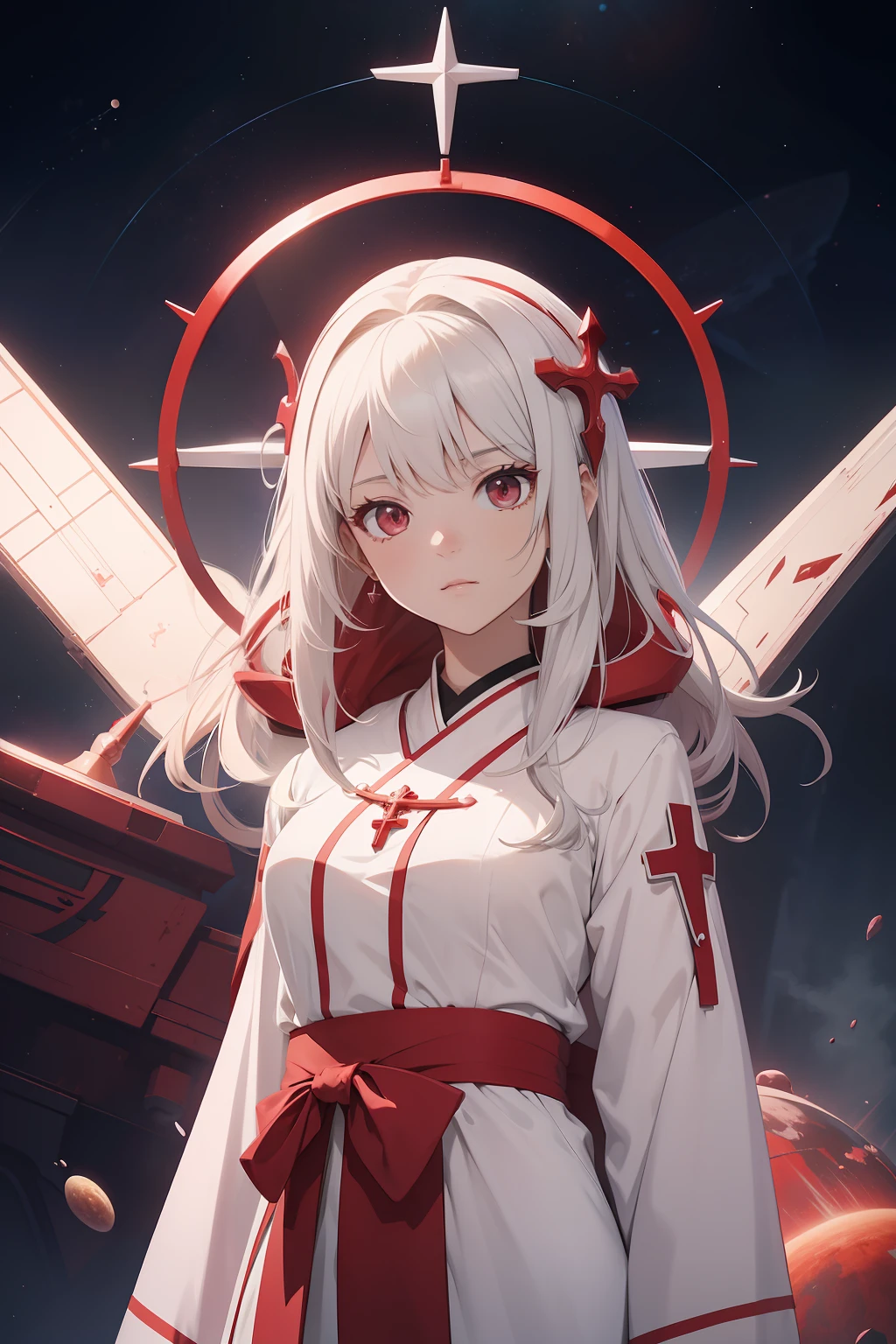 1 beautiful anime spatula priest, red and white priest robe, hight detailed, ray tracing, space background, perfect, ultra high detailed, highly detailed face, saint halo