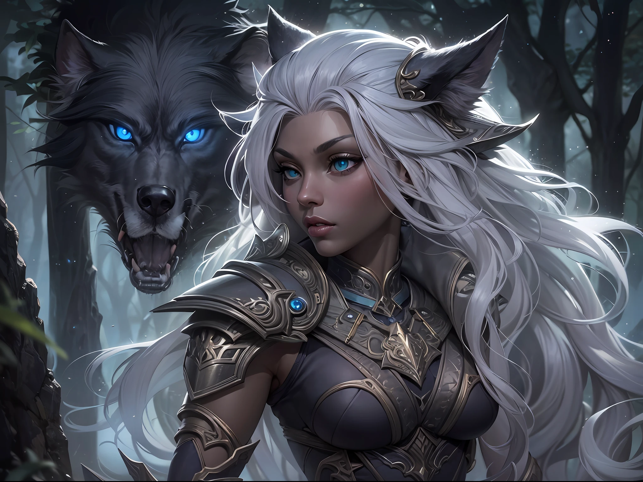 8k, ultra detailed, masterpiece, best quality, high details, best quality, highres, 1080P, 8K, full body, photorealism, anatomically correct, fantasy art, RPG art, epic female dark elf, drow elf (intense details, Masterpiece, best quality: 1.5), epic ranger (intense details, Masterpiece, best quality: 1.5), and her [epic wolf] companion (intense details, Masterpiece, best quality: 1.5),, extremely beautiful drow elf, female elf (intense details, Masterpiece, best quality: 1.5), ultra detailed face, small pointed ears, black skin, white hair, long hair, braided hair, green eyes (intense details, Masterpiece, best quality: 1.5), intent look, wearing light armor (intense details, Masterpiece, best quality: 1.5), brown armor, wearing black cloak (intense details, Masterpiece, best quality: 1.5),,  armed with long sword (intense details, Masterpiece, best quality: 1.5), high quality, magical sword (intense details, Masterpiece, best quality: 1.5), with magical sigils,  big grey wolf, epic grey wolf, night time, moon light, stars, fantasy dark forest, trees, sense of fear,