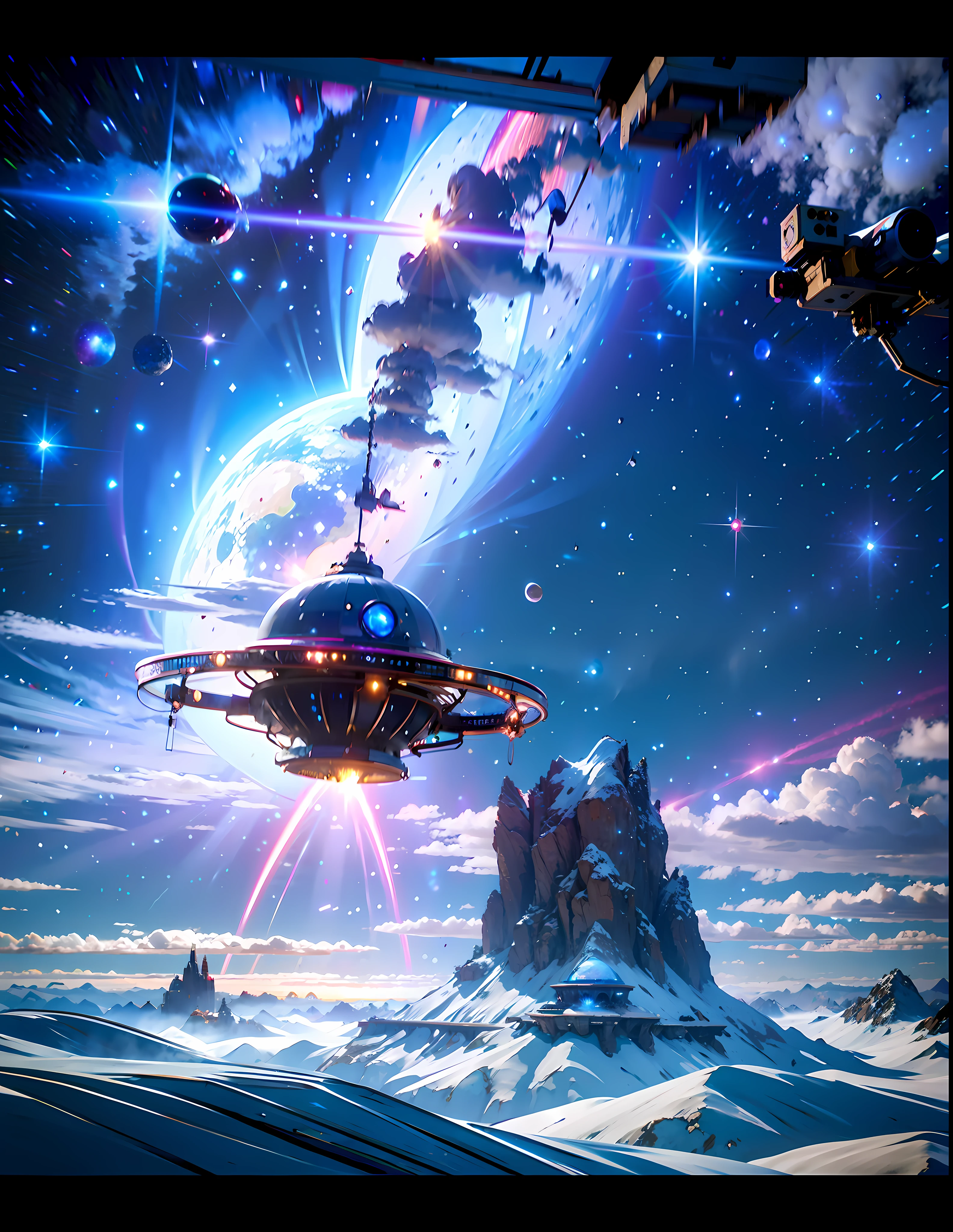 wide-angle lens view, spaceship, Star Trek style, intricate technological details, pink planet with clouds left in the background, outer space in the background, asteroid floating in space right in the background, starry sky, wide view, sharp focus, dramatic lighting, by Gene Roddenberry, sci-fi style, nasa, award-winning, best quality, ultrahd 8k 4k wallpaper, concept art, Trend at Artstation