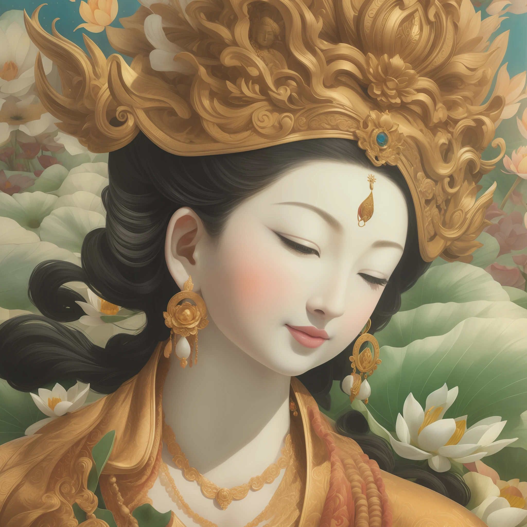 Close-up of a painting of a person sitting on a lotus, Bodhisattvas, goddess of love and peace, guanyin, Hands are one right and one left.,Satisfied female bodhisattva, guanyin of the southern seas, inspired by Tani Bunchō, patron saint of 🛸🌈👩🏾, Tanka, God Leasha Hannigan、​masterpiece、Beautiful fece、real,32k