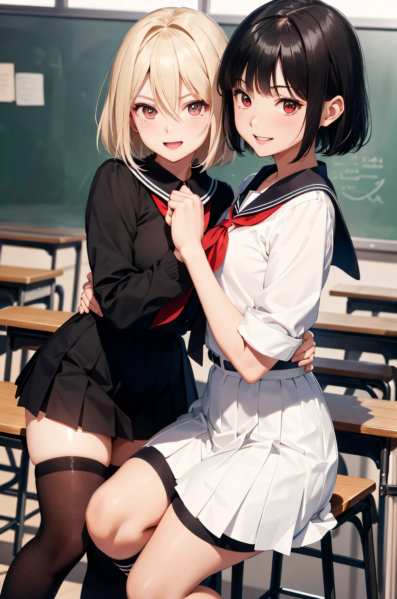 (top-quality、in 8K、32K、​masterpiece、nffsw、超A high resolution、Impresionismo、Photorealsitic:1.2)、Full body, detailed faces and eyes、 Inside the classroom、Schools、Evening glow、beauitful face、blurry backround、16-year-old beautiful girl、shinny skin、short-hair、Beautiful black hair、Red Eyes、(Katyusha:1.2)、a sailor suit、Pleated miniskirt、Curve、dynamicposes、Smile with open mouth、Two girls