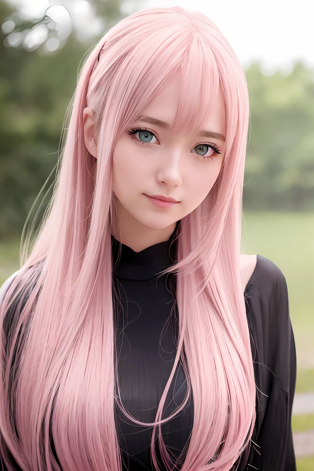 animesque、anime styled、Beautiful detailed eyes, (Long hair:1.2), (8K, Best Quality, masutepiece:1.2), (Realistic, Photorealsitic:1.37), Ultra-detailed, a closeup、portraitures、1 girl, Cute, A pink-haired、Solo, (nose blush),(Smile:1.15),(Closed mouth)