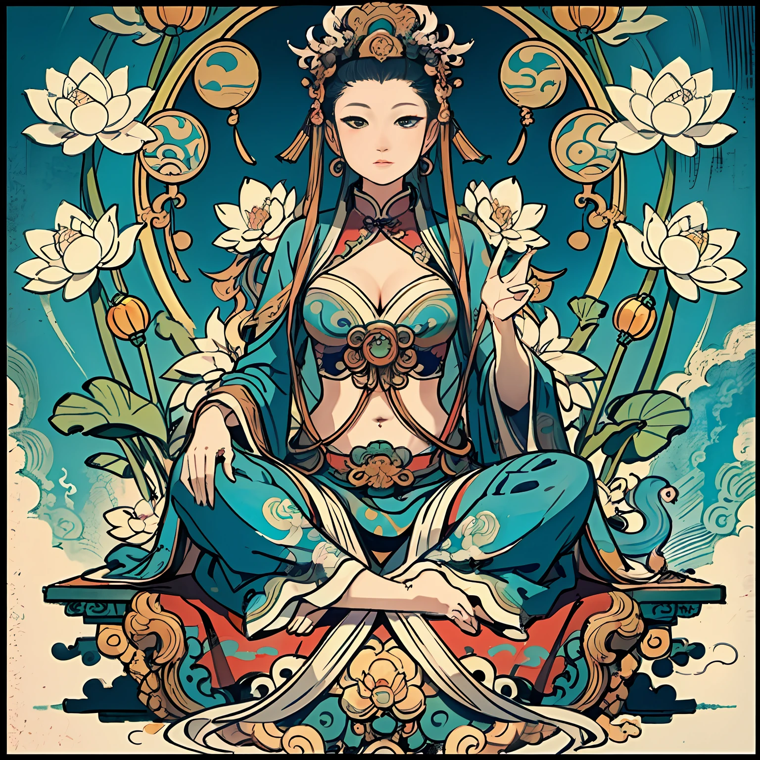 Woman sitting on a lotus,guanyin of the southern seas,Guanyin,contented female bodhisattva,jade sculpture,bodhisattva,queen of the sea mu yanling,serene,Serene expression,shui mo hua,Buddha,Buddhist,Lotus,Chinese painting style,Thangka style