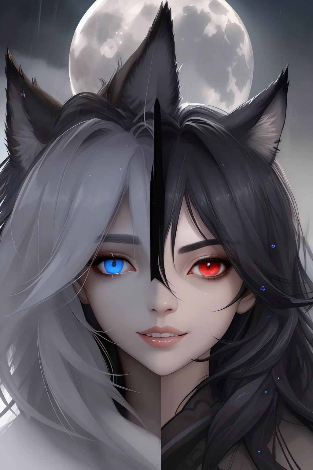 wolves1、Tiere、The right half of the face is clearly contoured.、Right half of face black、Right eye red、Face left half realistic、Left half of the face is white、Blue left eye、Facing Front、Left background night、Left Full Moon1、Right facing、Right sunny rain、Right half mouth laugh、Left half bruxism、