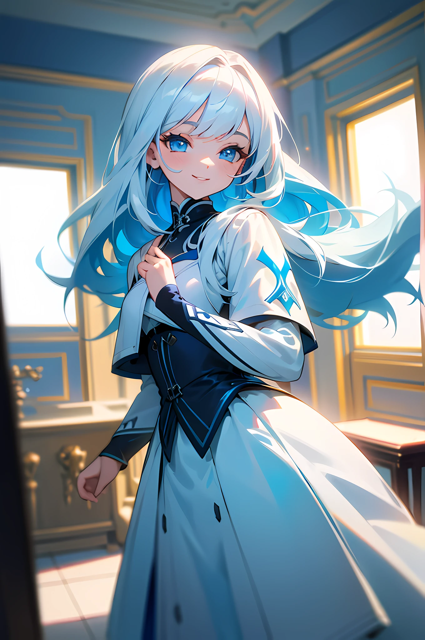ray tracing, vibrant colors, girl, masterpiece, sharp focus, best quality, depth of field, cinematic lighting, detailed outfit, perfect eyes, rich in details and textures, colored inner hair, white hair, blue eyes, long hair, indoors, smiling, white and blue theme, white and blue outfit, --auto