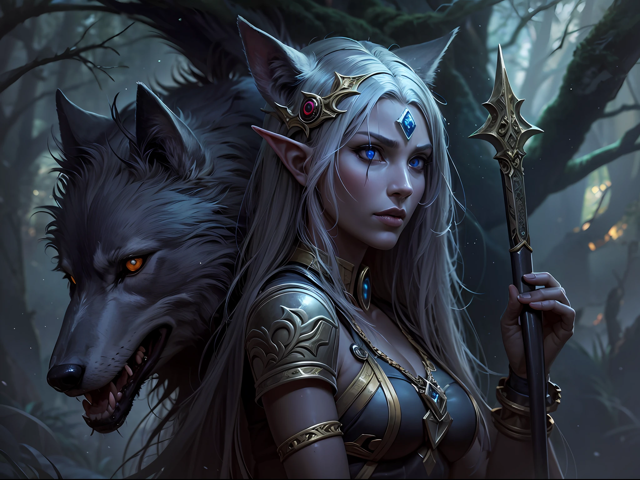 8k, ultra detailed, masterpiece, best quality, high details, best quality, highres, 1080P, 8K, full body, photorealism, anatomically correct, fantasy art, RPG art, epic female dark elf, drow elf (intense details, Masterpiece, best quality: 1.5), epic ranger (intense details, Masterpiece, best quality: 1.5), and her [epic wolf] companion (intense details, Masterpiece, best quality: 1.5),, extremely beautiful drow elf, female elf (intense details, Masterpiece, best quality: 1.5), ultra detailed face, small pointed ears, black skin, white hair, long hair, braided hair, green eyes (intense details, Masterpiece, best quality: 1.5), intent look, wearing light armor (intense details, Masterpiece, best quality: 1.5), brown armor, wearing black cloak (intense details, Masterpiece, best quality: 1.5),,  armed with long sword (intense details, Masterpiece, best quality: 1.5), high quality, magical sword (intense details, Masterpiece, best quality: 1.5), with magical sigils,  big grey wolf, epic grey wolf, night time, moon light, stars, fantasy dark forest, trees, sense of fear,