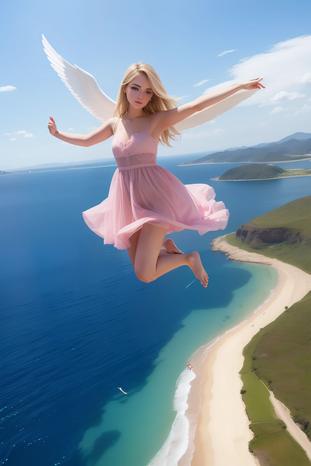 Blonde angel girl in pink dress flies over water body, Inspired by Marie Angel, Angel Girl, of an beautiful angel girl, angelicales, Precise Angels in the Bible, possibly an angel, Taylor Swift as Heavenly Angel, Emma Watson as an angel, Angel, angelicales, winged girl angel, Biblically Accurate Angels, angel knight girl, Beautiful Angel, of beautiful angel