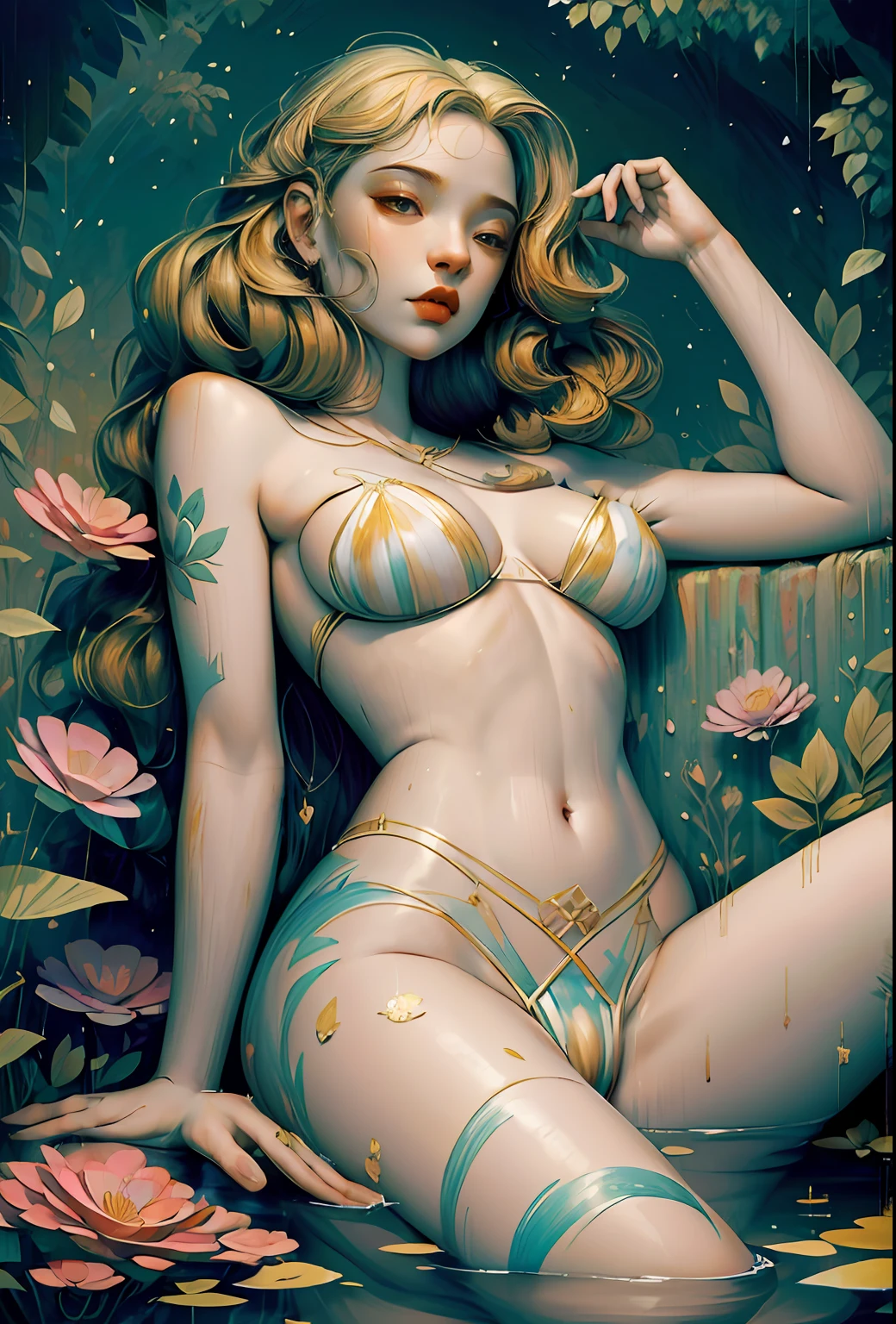 ankymoore, Bottom-up view, 1rapper with dread hair with tattoos, white and red sexy clothes(cameltoe), graffitti background, (masterpiece), (best quality:1.2), absurdres, intricate details, flowers, leaves, roots,A gorgeous stunning woman completely covered in paint floating in a pool, beautiful lighting, big detailed beautiful eyes, Nirvana, relaxed, body full, paint drops, Paint Swirls, Paint Splatters, (Beautiful Spiral Paint Swirls), by Jeremy Mann, By Sandra Chevrier, vivid contrasting colors, chromatic abberation, black background, behance HD, Masterpiece, Best Quality , (realistic:1.2), (high contrast:1.2),Gold decoration, goddess of the forest, beautiful caucasian girl in close-up, beautiful goddess fused with the forest and trees, black hair fused with platinum and gold, naked girl, beautiful visible pubic area, pink pesones, small breasts in sight, pond of water in the garden,