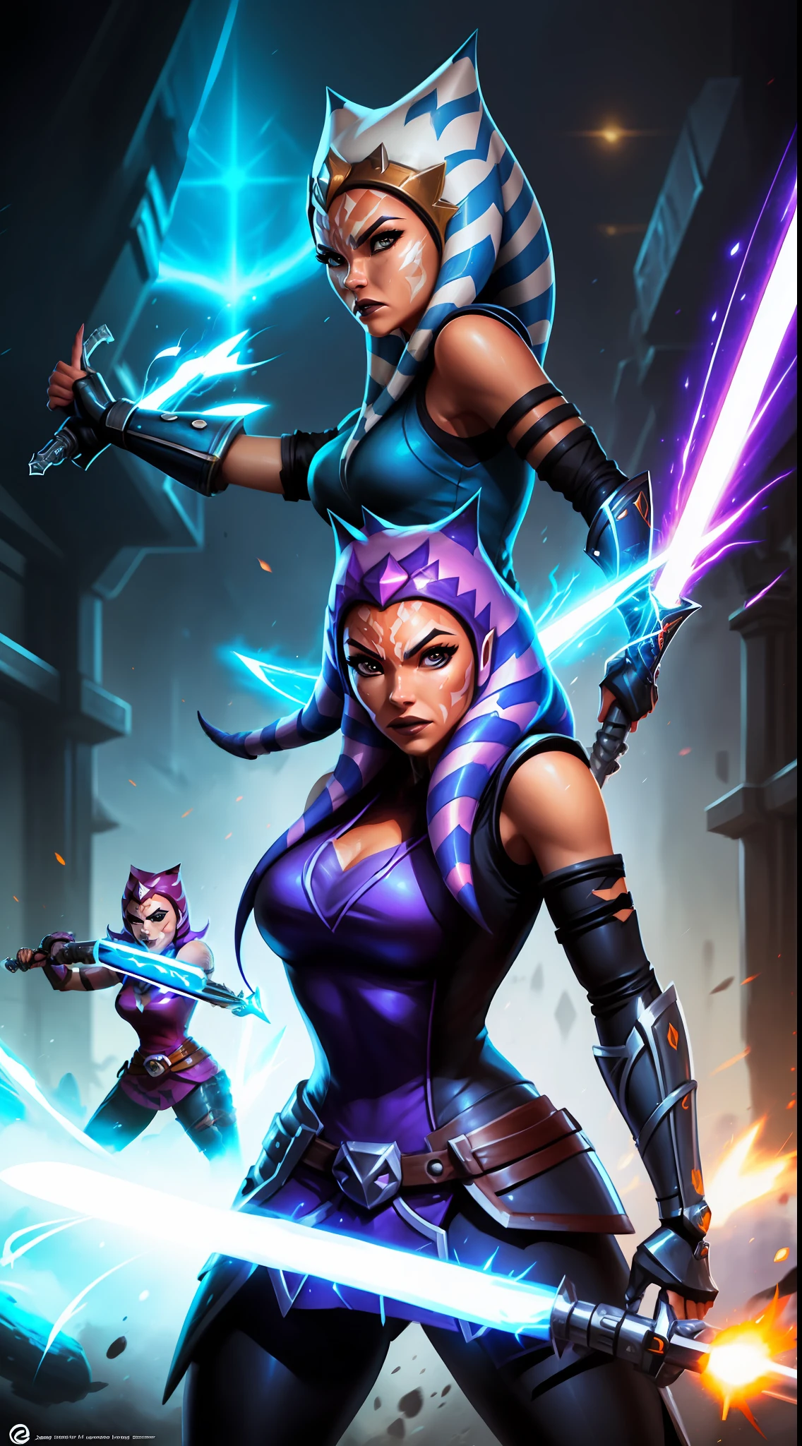 three female characters in a battle with a sword and a helmet, jazza and rossdraws, league of legends style art, official splash art, league of legends art style, rossdraws and jazza, splash art brawlstars, league of legend illustration, league of legends splashart, character splash art, mobile game art, key art, jen bartel