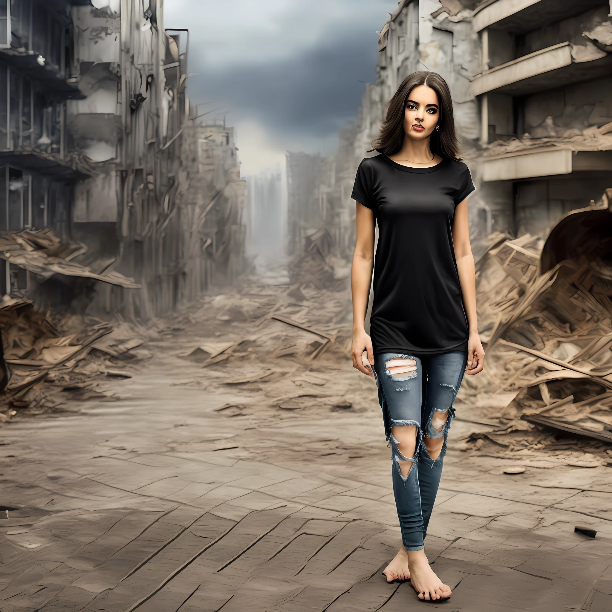 wwone, (solo middle eastern 26 years old girl), wearing a (Black baggy plain tee-shirt, long length tee-shirt, skinny damage long jeans, :1.5), walking cross legs, straight-on,seductive smile,long dark wavey hair,(full body:1.1), (cyberpunk background:1.2), outdoors,
(rain:1.1, wet street) ,(medium breasts,  bouncing breasts, no bra), basic black long length tee-shirt, short sleeves tee-shirt, wristwatch, very beautiful arabian girl, ankle fit damage tight jeans, jewelry, detailed very beautiful feet's, long heel's, full body shot.