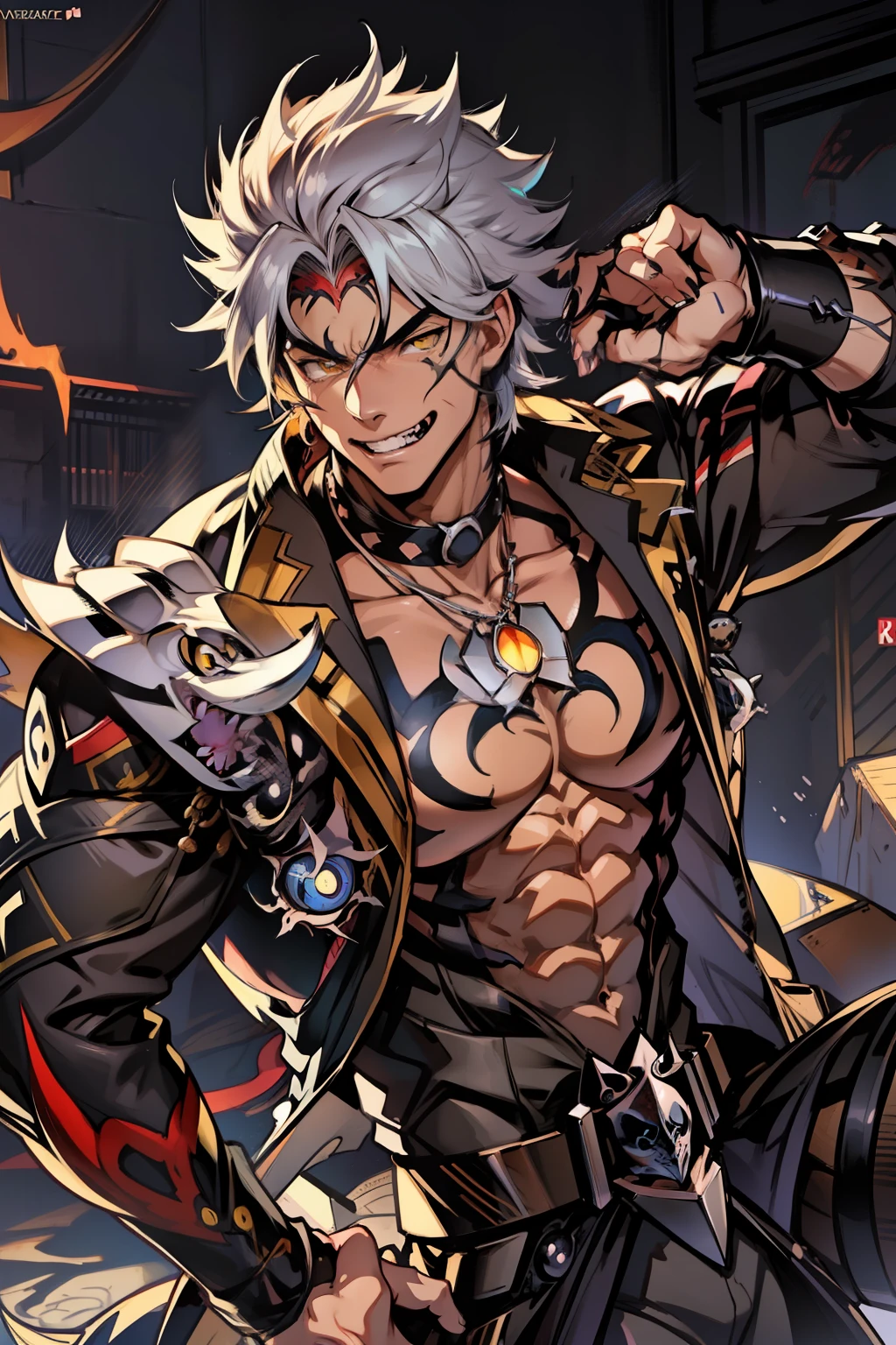 《the original god》Arataki Kazuto , male people，，((Masterpiece)), ((Best quality)), Ultra detailed,((illustration)), Dynamic Angle, Detailed light, (Delicate eyes), Floating, 1boy, Male focus, Head, Clothing, Yellow eyes, necklace, tattoo, (Forehead:0.8), (ahoge:0.8), jewelry, apathy，Ray， chest muscle， Sexy , Venom symbiote for your body, Black mucus of the body , （into venom）, Venom，frontage，style of anime4 K， 4K anime wallpaper， Badass anime 8 K， 4 k comic wallpaper， young anime man， Anime boys， Anime wallpapers 4 k， Anime wallpaper 4K， High quality anime art style， Anime moe art style， Anime art wallpaper 8 K， Anime art wallpaper 4 K， RGB lighting