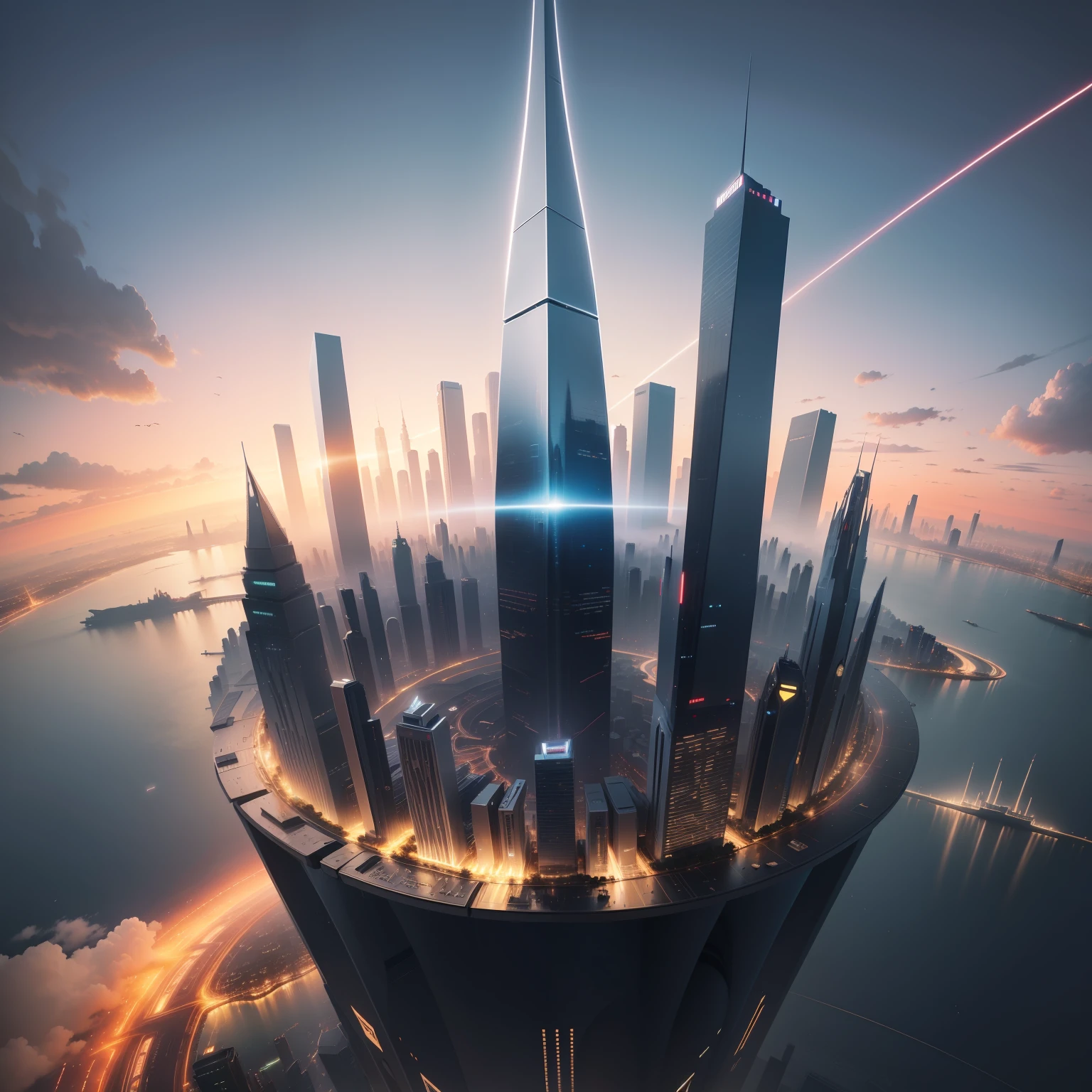 near future　Megacities　Huge structures　top-quality　​masterpiece　超A high resolution　SF Future World　Beautiful world　８Ｋ 　Huge buildings tower over you