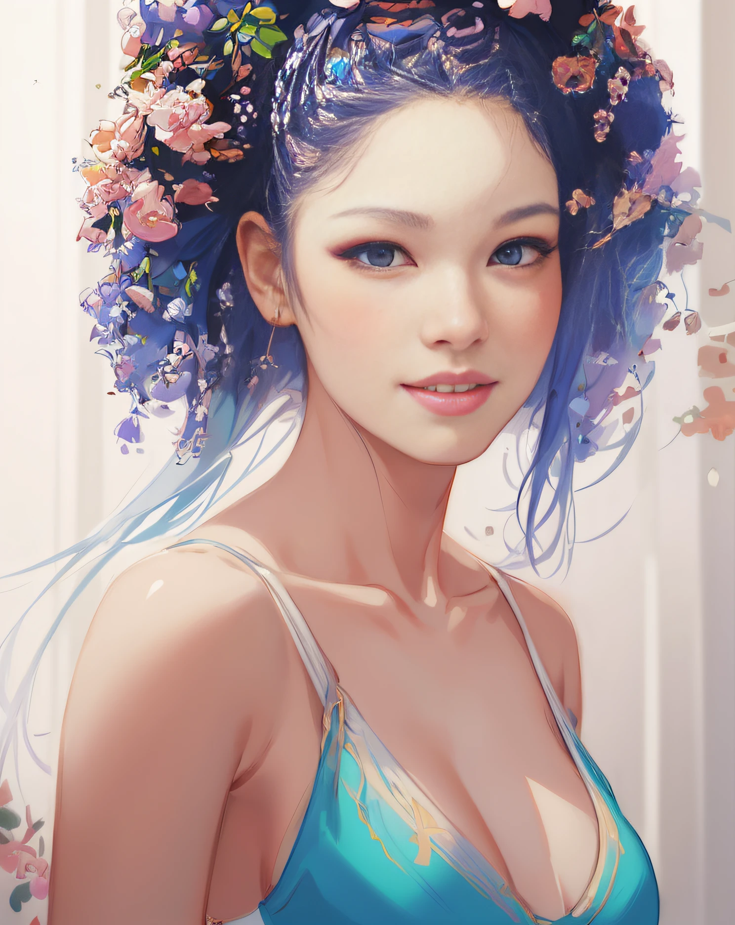 painting of a woman with flowers in her hair, beautiful digital artwork, beautiful digital illustration, beautiful digital painting, gorgeous digital painting, artwork in the style of guweiz, rossdraws portrait, stunning art style, realistic digital art 4 k, realistic digital art 4k, digital painting style, high quality portrait, rossdraws cartoon vibrant, rossdraws digital painting