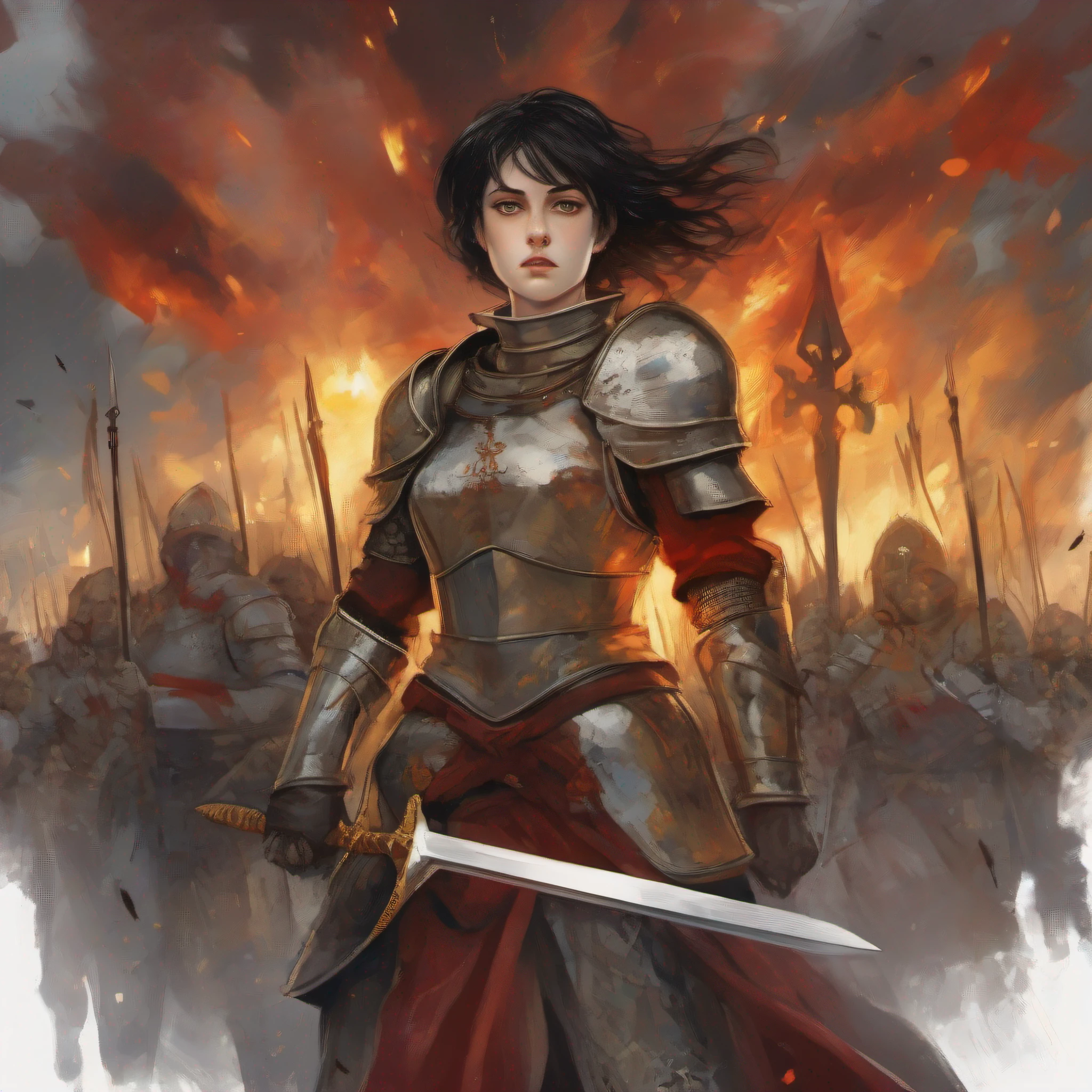 Joan of Arc is standing in the square, around her there is a lot of fire and warriors, some of them are dead, blood is visible on her armor, she holds a sword high above the ground, blood is visible on her sword and armor, she has black short hair without bangs, yellow eyes, pale skin, dramatic lighting, dark weather, dark tones, super detailed