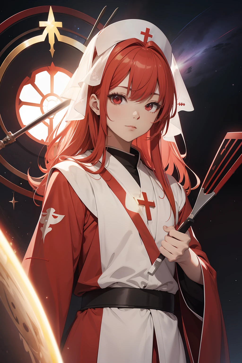 1 beautiful anime spatula priest, red and white priest robe, hight detailed, ray tracing, space background, perfect, ultra high detailed, highly detailed face, saint halo