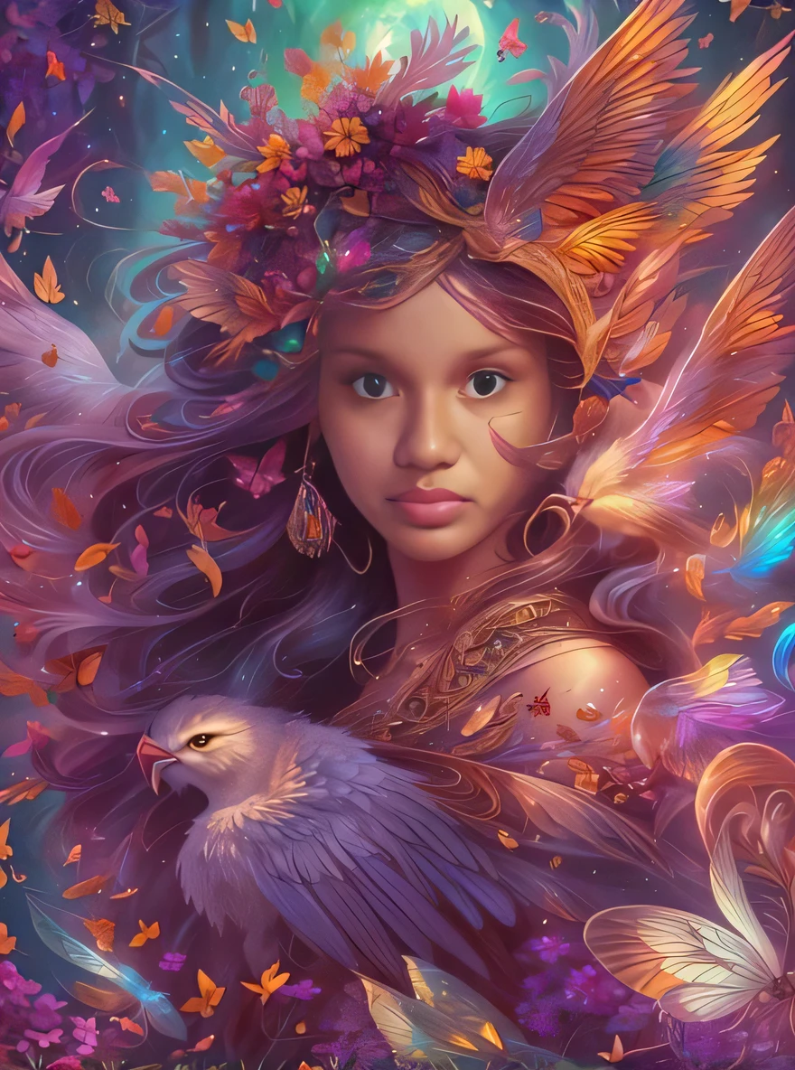 a painting of a woman with a bird and flowers in her hair, arte de fantasia digital colorida, retrato bonito da arte da fantasia, bela arte de fantasia, retrato bonito da fantasia, arte de fantasia muito bonita, arte digital de fantasia detalhada, arte de fantasia detalhada, arte digital fantasia arte, pintura de fantasia bonita, retrato da arte da fantasia, arte do retrato da fantasia, amazing fantasy art, beautiful young wind spirit, retrato da fantasia