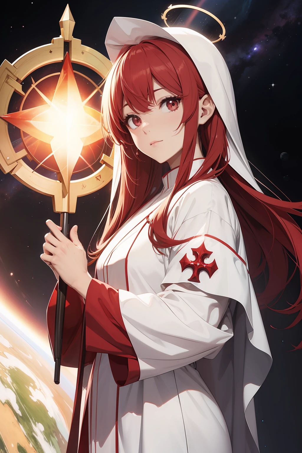 1 beautiful anime spatula priest, red and white priest robe, hight detailed, ray tracing, space background, perfect, ultra high detailed, highly detailed face, saint halo