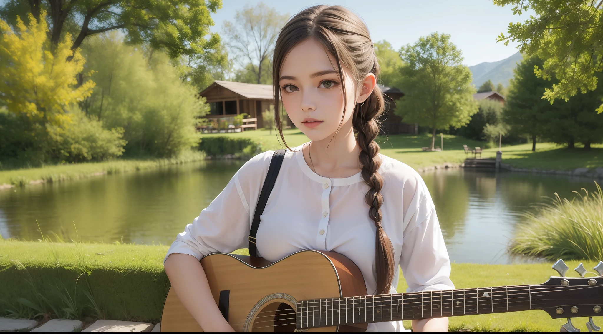 Busty girl playing guitar,grass around the pond, wooden wall behind,old west, casual summer wear, twin braids hair,