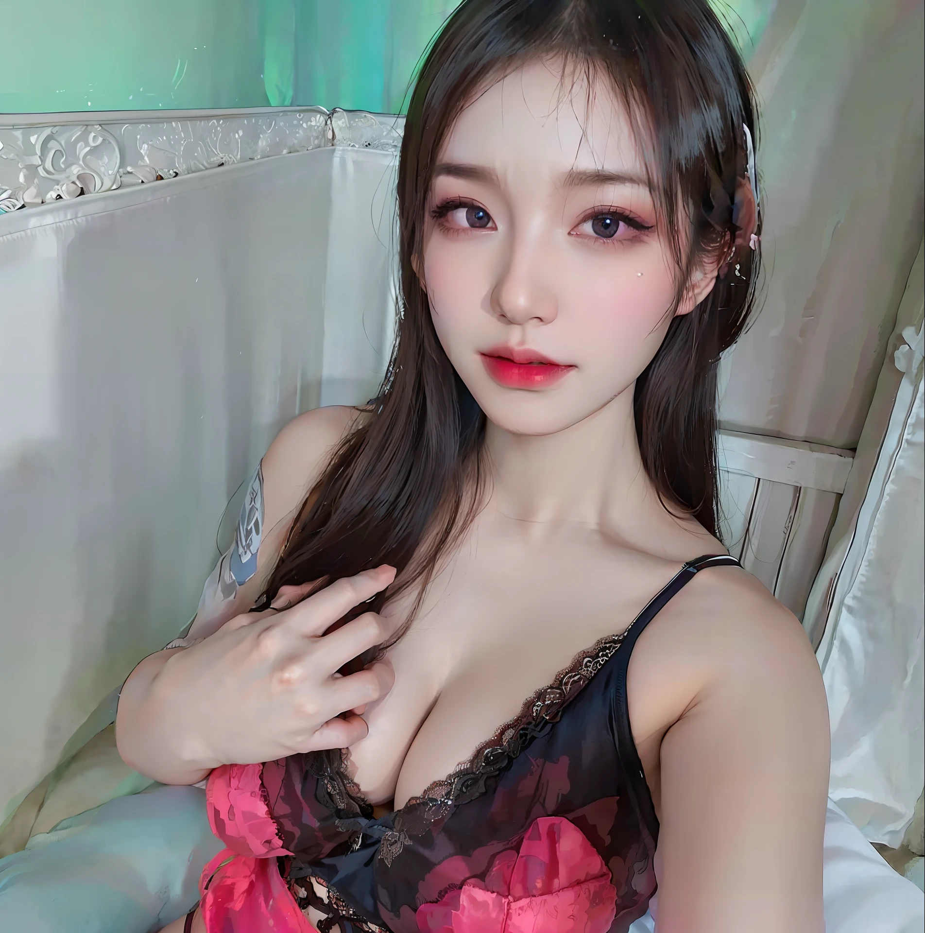 (8k, RAW photos, best quality, masterpiece:1.2), yjnn, 1girl, 3 d, asian, bangs, bare_shoulders, bow, bra, breasts, black_eyes, black_hair, cleavage, grey_background, lips, long_hair, short_sleeves, looking_at_viewer, huge_ breasts, navel, nose, off_shoulder, open_clothes, open_shirt, panties, real, shirt, solo, stomach, undergarment, undressing, upper_body, light blue_bra, light blue_panties, light blue_shirt,shiny skin, beautiful delicate face, beautiful delicate eyes, (real, Photo realistic: 1), lying in bed (((realistic lighting, top quality, 8K, masterpiece: 1.3)), clear focus: 1.2, 1 girl, perfect body beauty: 1.4, slim abs: 1.1, ((dark brown hair, big: 1.3)), (wearing ultra-thin red lace underwear: 1.4, gray stockings: 1.2), (outdoor, night: 1.1), city street, ultra-fine face, narrow eyes, Double eyelids, hands on head, lying on bed. [(Top Quality, Masterpiece, Intricate Details: 1.3):0.2], Real and Detailed Skin, POV Perspective, Viewer, (From Top: 1.2), (On the Bed), ((Lying in Bed: 1.2)), 1 Girl, (Korean Mixed, Kpop Idol), White Skin, (Scary, Crying, Tears: 1.25), (Slender Body: 1.2), (Colossal)))), (Maid, Light Lingerie, Naked:1.2), navel (cleavage: 1.12), buttocks sticking out, ((see-through lingerie)), (((pink pillows and sheets)), (body portrait), (((breast closeup)))