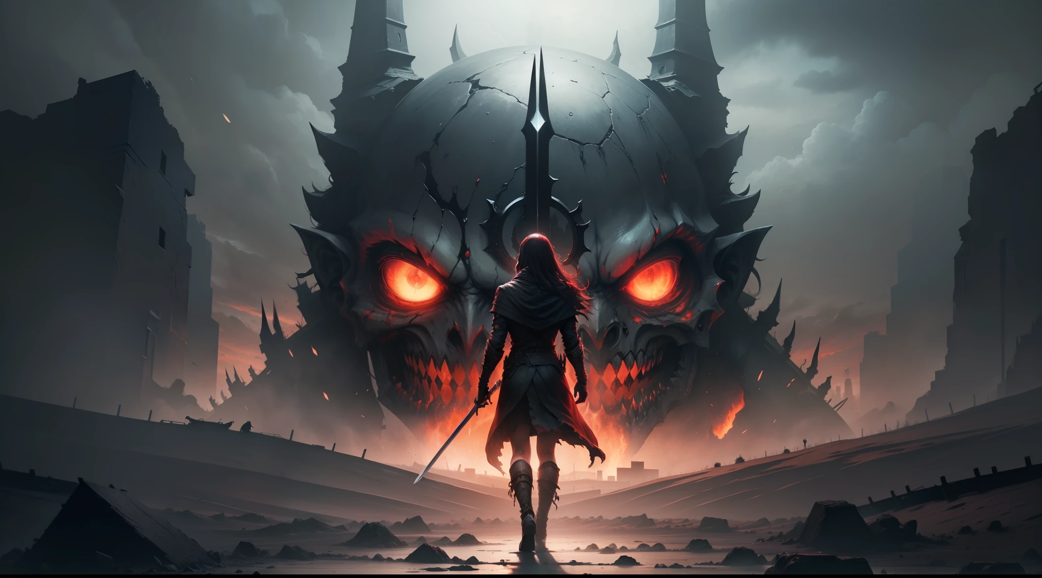 masterpiece, 4k, sharp focus, highest quality, wide shot, Imagine a world where darkness and cold have taken over, and you find yourself wounded, holding sword in the depths of the nine layers of hell. The once vibrant landscapes have now become desolate wastelands filled with endless suffering. The skies are obscured by a thick dark red haze, and the only sounds you hear are the cries of the damned. As you make your way through the levels, you encounter terryfying demons and tormentors, each determined to keep you from escaping their grasp. Prepare to fight. Can you survive the horrors of each layer and find a way out of this dark and cold hellscape?