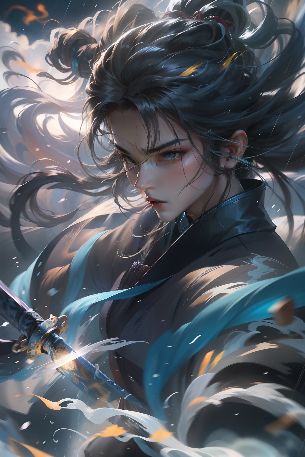 an extreme closeup shot,Martial arts action,battle mode,Extreme flow,Motion blur,Blue sword light,turbulence,thunderclap,shockwave,Flowing hair, grim eyes,rainwater,Cinema lenses,GoPro,f/2.8,diffuse back lighting,Created by Zao Wou-Ki,Chinese big splash ink style