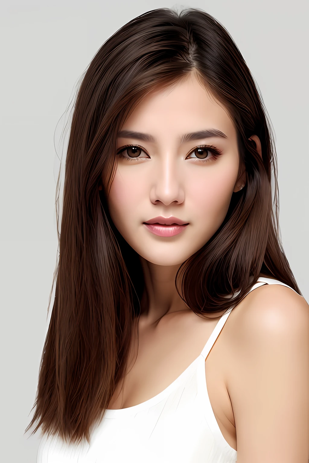 length hair、Cool Face、thin jaws、Brown hair、Brown eyes、A 40-year-old woman、White skin color、simple background、Lots of white space、Bust-up composition、photoRealstic、Image-like images、soio、