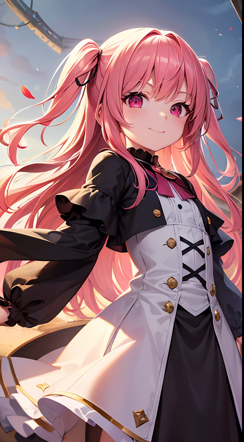 sharp focus, best quality, depth of field, cinematic light, detailed outfit, 8k, perfect eyes, rich in details and textures, detailed body, detailed eyes, cute, , pink hair, long hair, disheveled hair, one side up, hair ribbon, loli, dark red eyes, smile, petite, random background