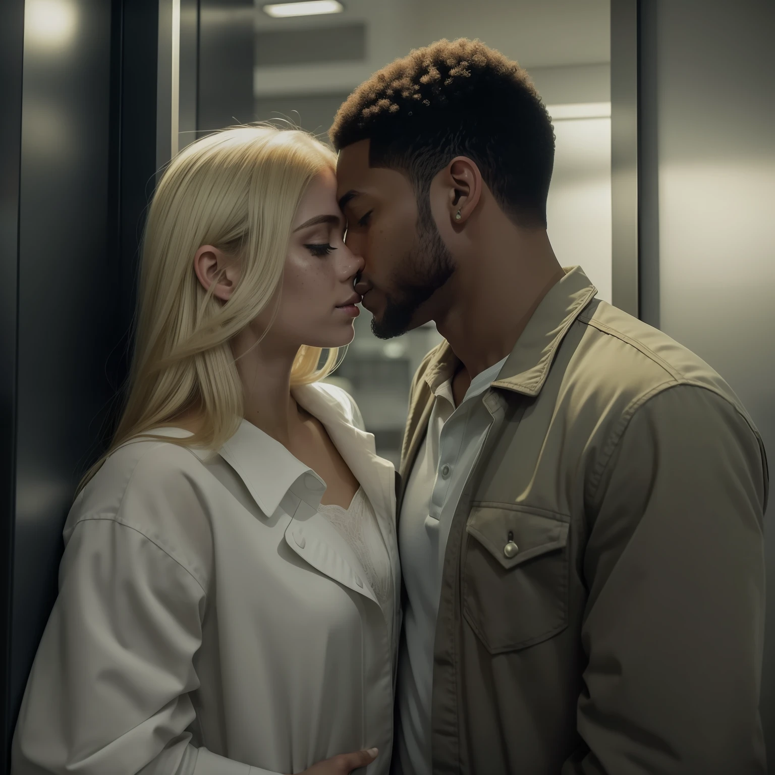 Couple in love hugging and kissing in the building's elevator , um homem ((30 anos,pele caramelo, com cavanhaque, Corte Buzz)) E mulher ((americana, 25 anos, pale skin and freckles, olhos cinzas, nariz delicado, soft and delicate lips, cabelo blondie cinza longo e ondulado)), dinamic poses, ultrarrealista HD altamente renderizado fotorrealista, luz natural do dia, Fuji Camera