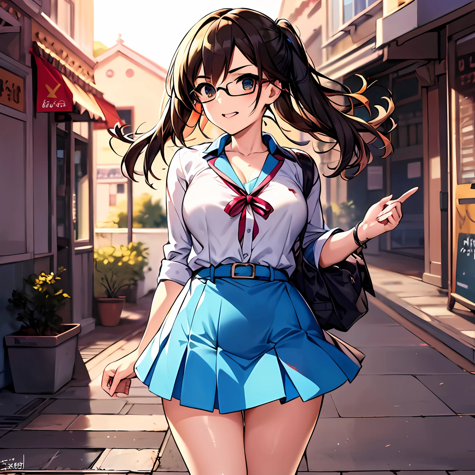 In her summer school uniform, Suzumiya Haruhi was a delightful vision as she strolled through the town with an air of purpose and excitement. Her attire consisted of a crisp white short-sleeved blouse, neatly tucked into a pleated navy blue skirt that swayed gently with each step she took.

The summer sun illuminated her untamed brown hair, which cascaded down her back like a waterfall of chocolate hues. Her signature ponytails were fastened with vibrant yellow hairbands, adding a splash of color to her ensemble. Strands of hair framed her face, highlighting her expressive hazel eyes that gleamed with determination and a touch of mischief.

Behind her square-rimmed glasses, her eyes darted around with unwavering curiosity, as if every nook and cranny of the town held the potential for extraordinary encounters. Her eyes seemed to light up with excitement, like a child on a thrilling adventure, eager to uncover the secrets of the universe.

As she scanned her surroundings, her perceptive gaze met the eyes of passersby, as if she were searching for a flicker of recognition, a hint that they might be hiding something extraordinary. Her inquisitive expression seemed to coax people to open up and share their stories, as if she had a magnetic pull that drew out the hidden tales of the extraordinary from within them.

A small smile graced her lips, as if she was on the verge of discovering something amazing at any moment. Her enthusiasm was infectious, and those around her couldn't help but be swept up in her contagious sense of wonder.

As the summer breeze gently caressed her cheeks, she seemed to radiate a vibrant energy that set her apart from the crowd. Her confident posture and the way she carried herself spoke of a girl who was unafraid to chase after the impossible, to seek out the extraordinary and make it her own reality.