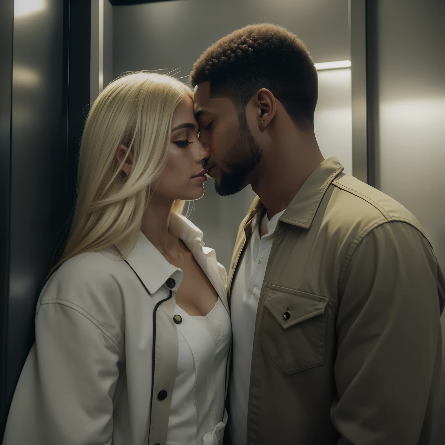 Couple in love hugging and kissing in the building's elevator , um homem ((30 anos,pele caramelo, com cavanhaque, Corte Buzz)) E mulher ((americana, 25 anos, pale skin and freckles, olhos cinzas, nariz delicado, soft and delicate lips, cabelo blondie cinza longo e ondulado)), dinamic poses, ultrarrealista HD altamente renderizado fotorrealista, luz natural do dia, Fuji Camera