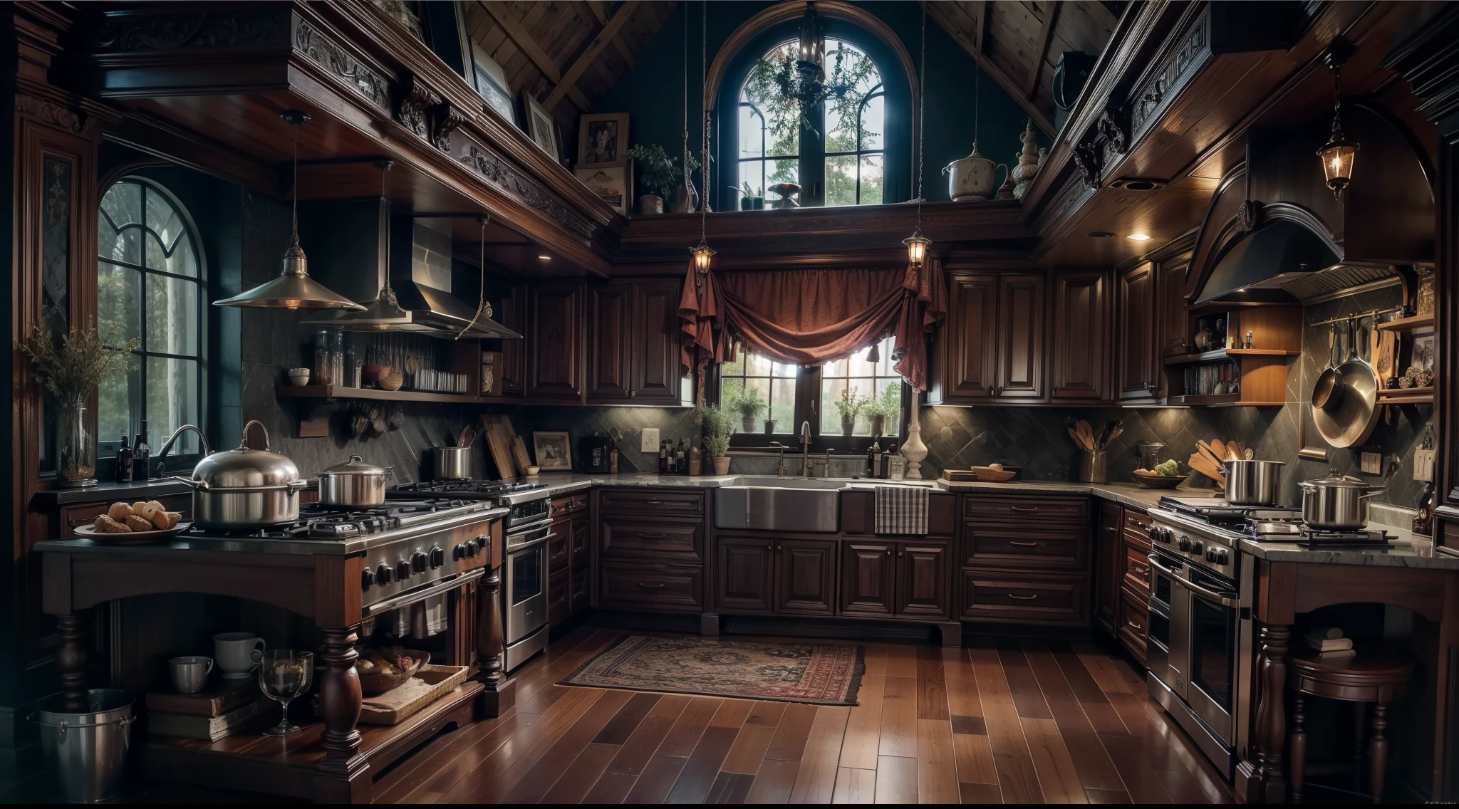 Western-style kitchen deep in a dark and mysterious forest、Old luxury interior、Magical、, interior architecture, Gothic art, Verism, One-person viewpoint, From the outside, canon, Super Detail, High quality, hight resolution, 8K, Best Quality