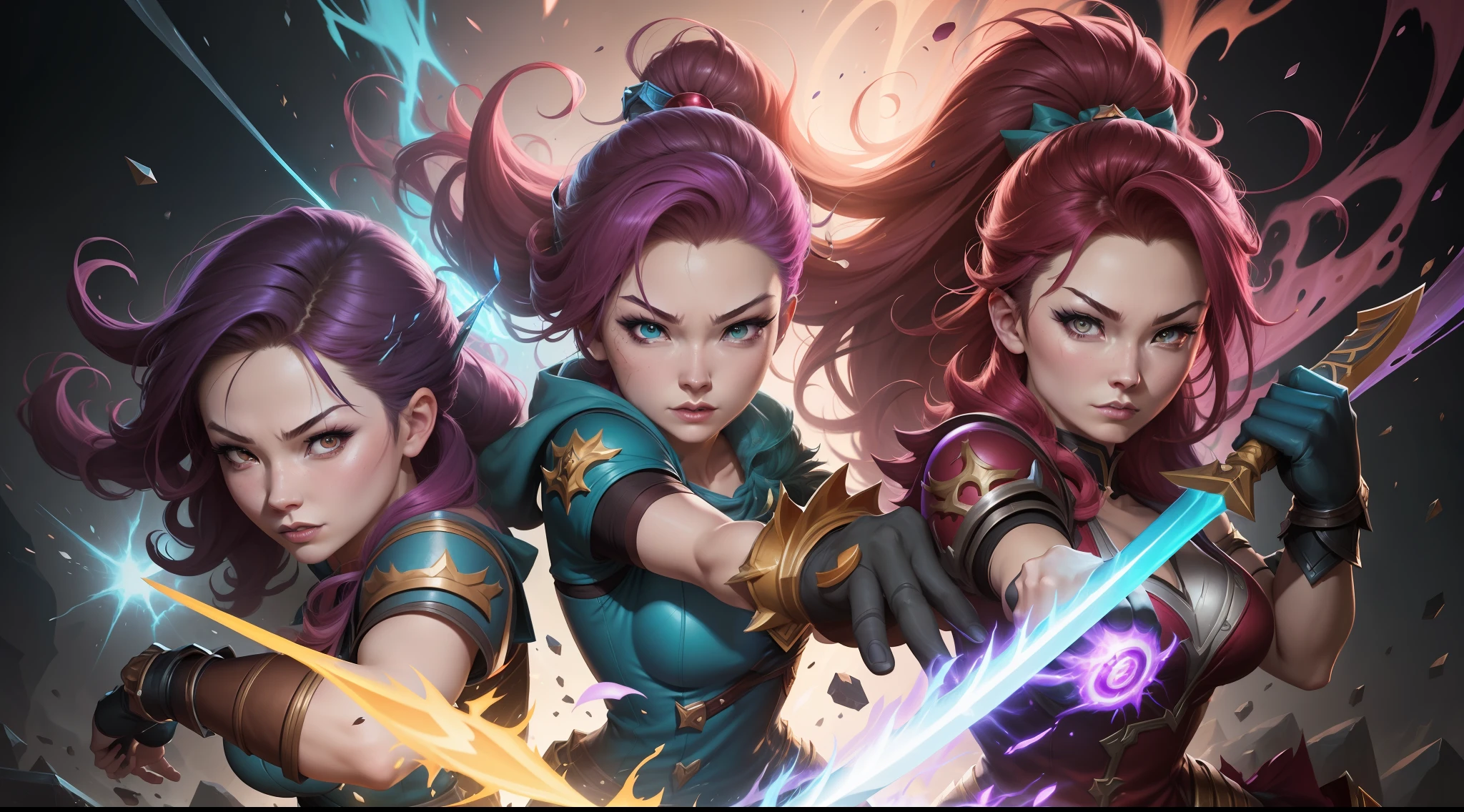 three female characters in a battle with a sword and a helmet, jazza and rossdraws, league of legends style art, official splash art, league of legends art style, rossdraws and jazza, splash art brawlstars, league of legend illustration, league of legends splashart, character splash art, mobile game art, key art, jen bartel