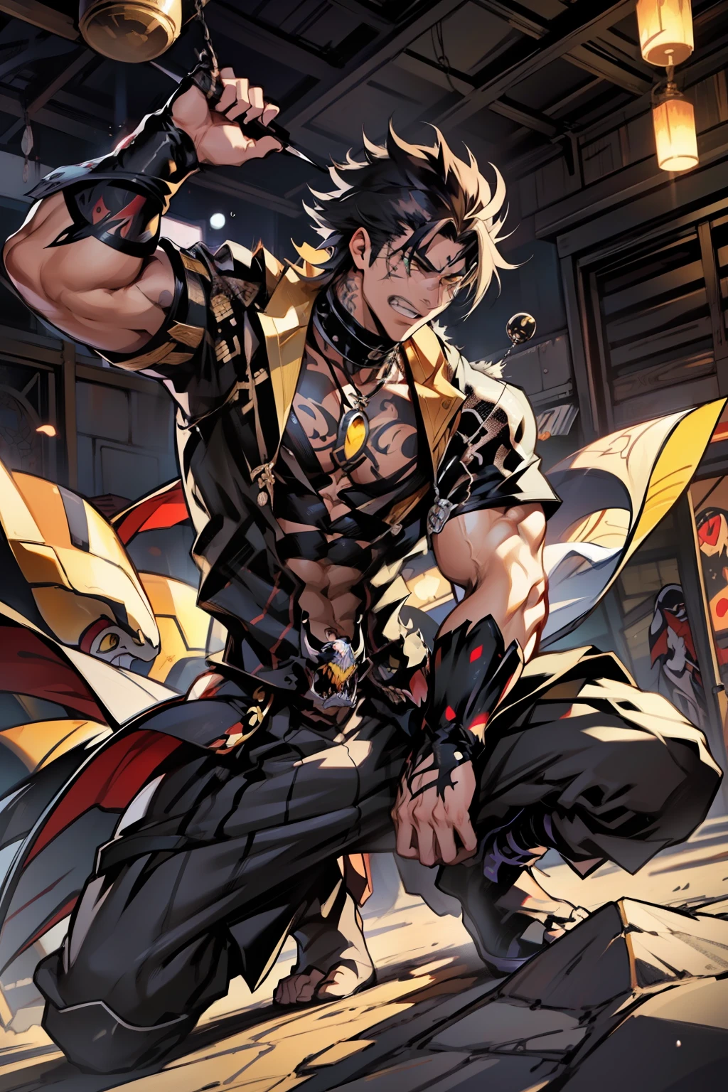 《the original god》Arataki Kazuto , male people,,((Masterpiece)), ((Best quality)), Ultra detailed,((illustration)), Dynamic Angle, Detailed light, (Delicate eyes), Floating, 1boy, Male focus, Head, Clothing, Yellow eyes, necklace, tattoo, (Forehead:0.8), (ahoge:0.8), jewelry, apathy,Ray, chest muscle, Sexy , Venom symbiote for your body, Black mucus of the body , (into venom), Venom,frontage,style of anime4 K, 4K anime wallpaper, Badass anime 8 K, 4 k comic wallpaper, young anime man, Anime boys, Anime wallpapers 4 k, Anime wallpaper 4K, High quality anime art style, Anime moe art style, Anime art wallpaper 8 K, Anime art wallpaper 4 K, RGB lighting