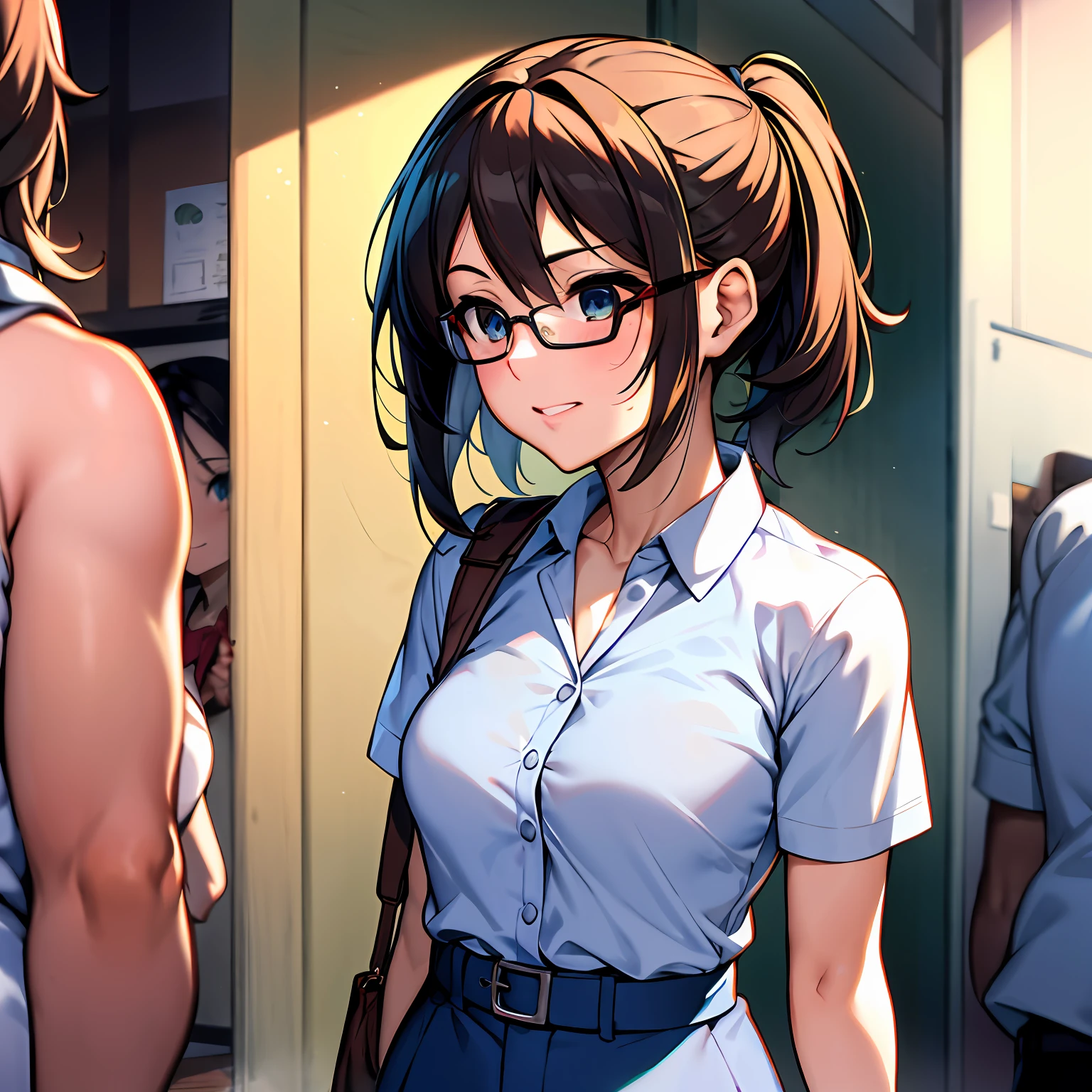 In her summer school uniform, Suzumiya Haruhi was a delightful vision as she strolled through the town with an air of purpose and excitement. Her attire consisted of a crisp white short-sleeved blouse, neatly tucked into a pleated navy blue skirt that swayed gently with each step she took.

The summer sun illuminated her untamed brown hair, which cascaded down her back like a waterfall of chocolate hues. Her signature ponytails were fastened with vibrant yellow hairbands, adding a splash of color to her ensemble. Strands of hair framed her face, highlighting her expressive hazel eyes that gleamed with determination and a touch of mischief.

Behind her square-rimmed glasses, her eyes darted around with unwavering curiosity, as if every nook and cranny of the town held the potential for extraordinary encounters. Her eyes seemed to light up with excitement, like a child on a thrilling adventure, eager to uncover the secrets of the universe.

As she scanned her surroundings, her perceptive gaze met the eyes of passersby, as if she were searching for a flicker of recognition, a hint that they might be hiding something extraordinary. Her inquisitive expression seemed to coax people to open up and share their stories, as if she had a magnetic pull that drew out the hidden tales of the extraordinary from within them.

A small smile graced her lips, as if she was on the verge of discovering something amazing at any moment. Her enthusiasm was infectious, and those around her couldn't help but be swept up in her contagious sense of wonder.

As the summer breeze gently caressed her cheeks, she seemed to radiate a vibrant energy that set her apart from the crowd. Her confident posture and the way she carried herself spoke of a girl who was unafraid to chase after the impossible, to seek out the extraordinary and make it her own reality.